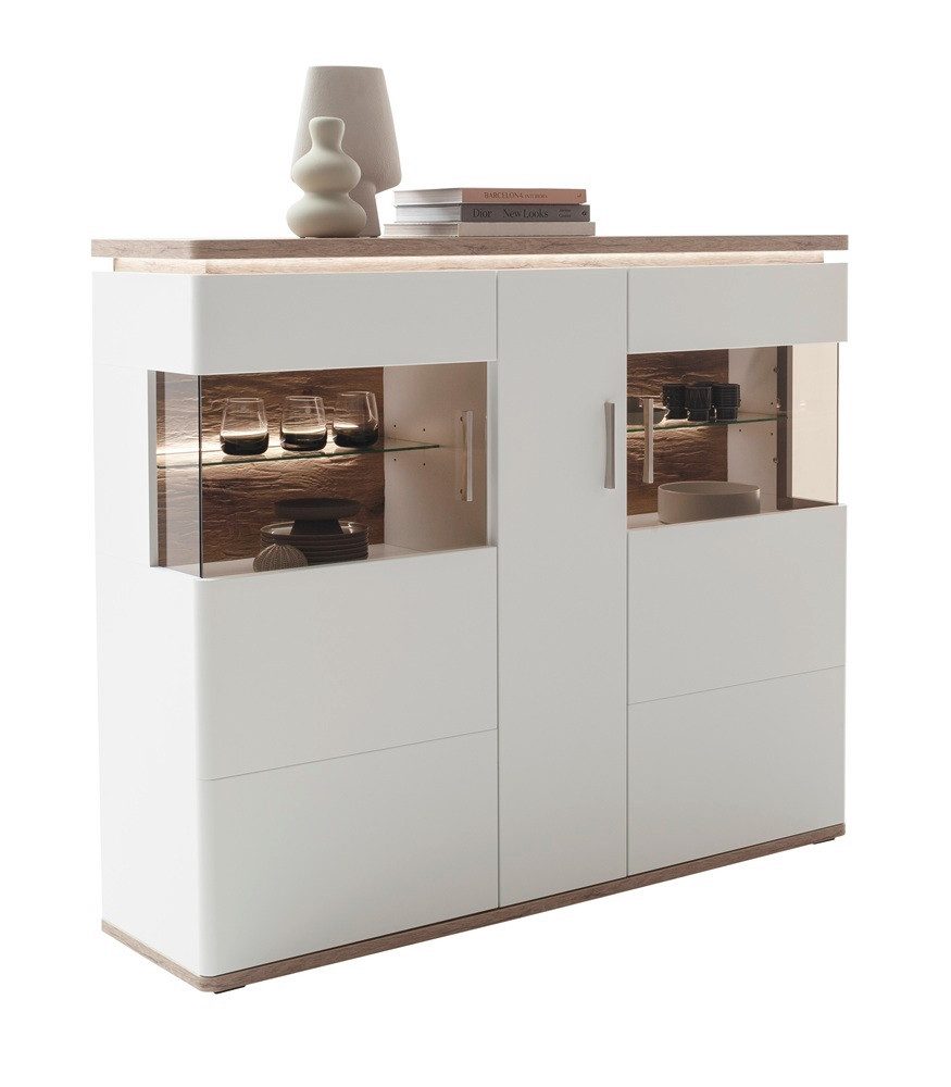 MCA furniture Vitrine Highboard Palermo, Soft white / Viking Oak, ohne Beleuchtung