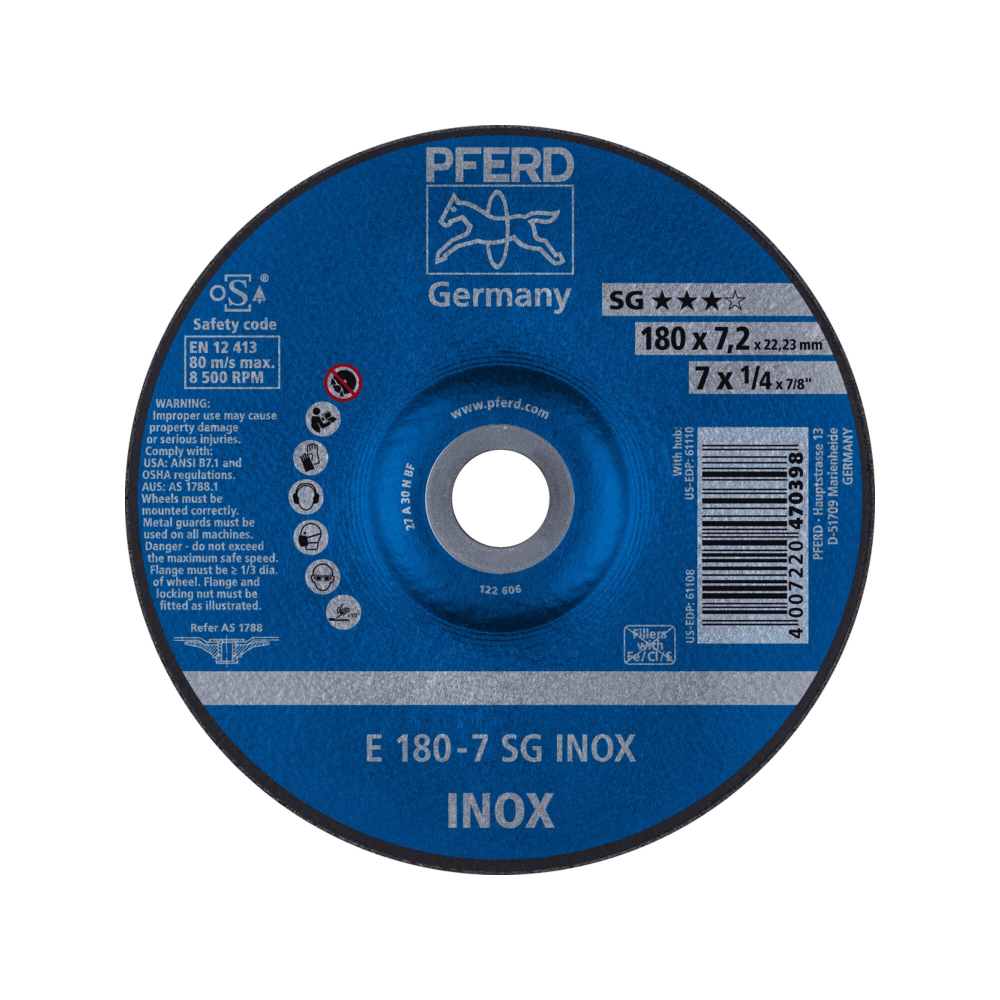 Pferd Schleifscheibe PFERD TOOLS Schruppscheibe E 180x7,2x22,23 mm Leistungslinie SG INOX f