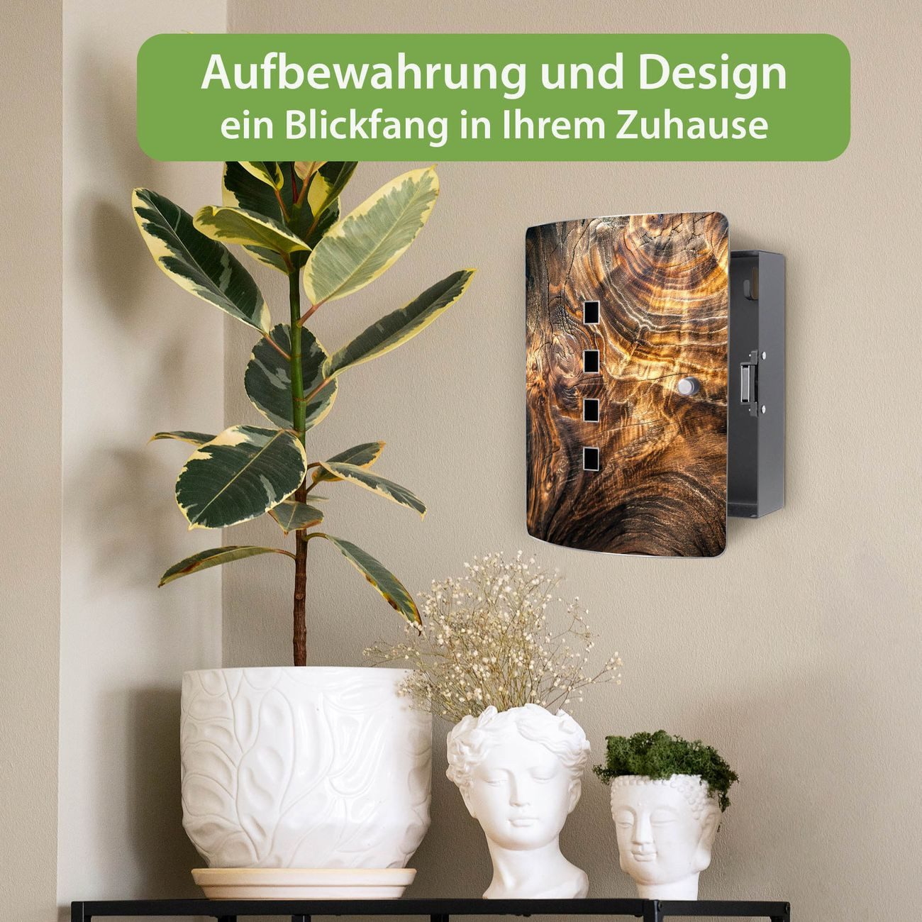 banjado Schlüsselkasten Edelstahl mit Motiv Holz Gemasert Lichtspiel (verstellbarer Magnetverschluss, mit 10 Haken, gebogene Tür, einstellbarer Magnet), 24 x 21,5 x 7 cm