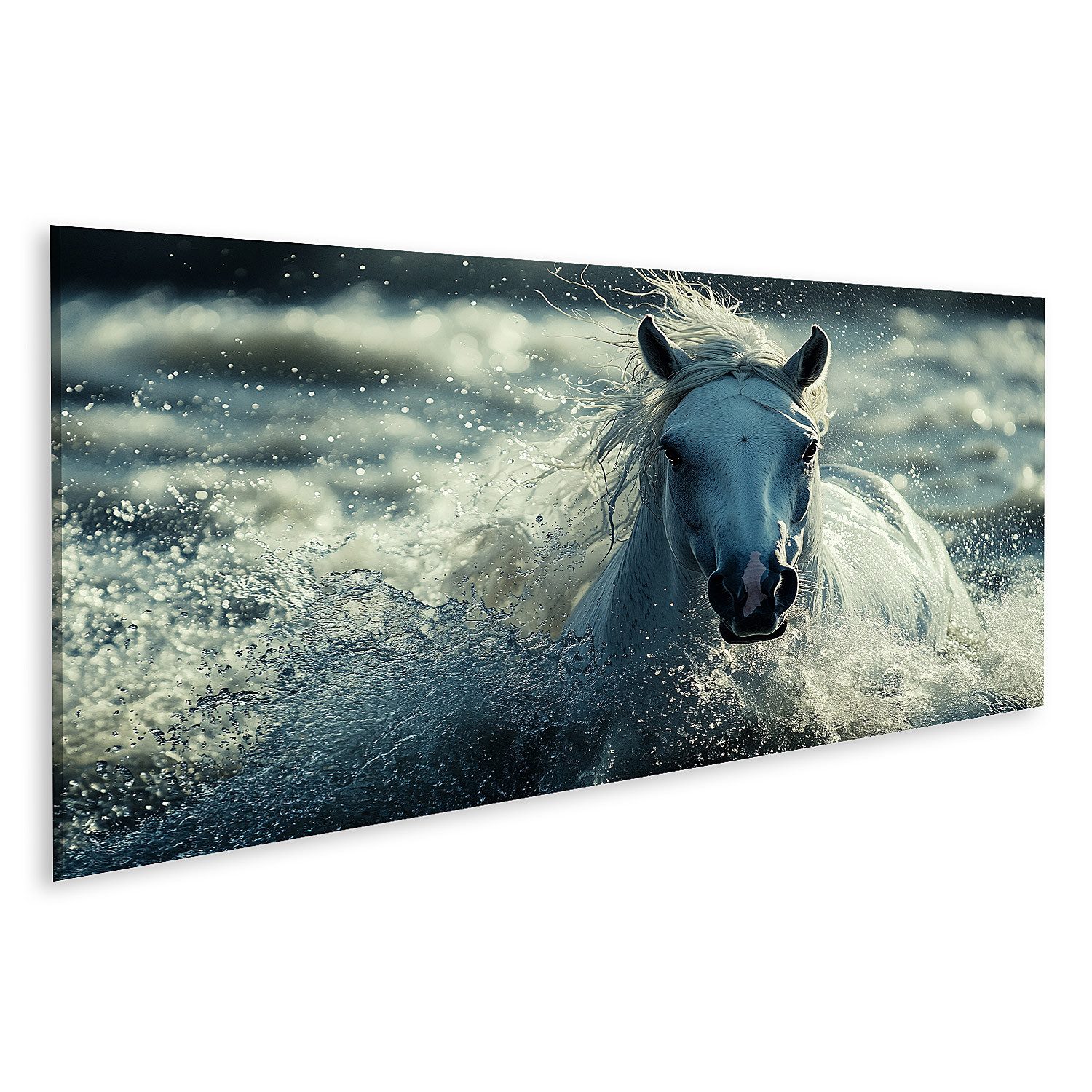 Leinwandbild Weißes Pferd im spritzenden Wasser