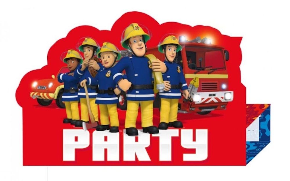 Amscan Konfetti 8 Einladungskarten m. Umschlag - Feuerwehrmann Sam | Partydekoration