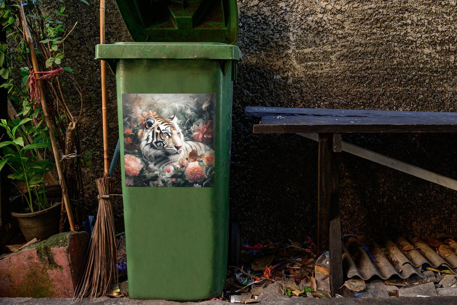 Mülltonne, St), Sticker, Abfalbehälter - MuchoWow Mülleimer-aufkleber, Blumen Wandsticker Container, Wildtiere Dschungel - (1 Tiger -