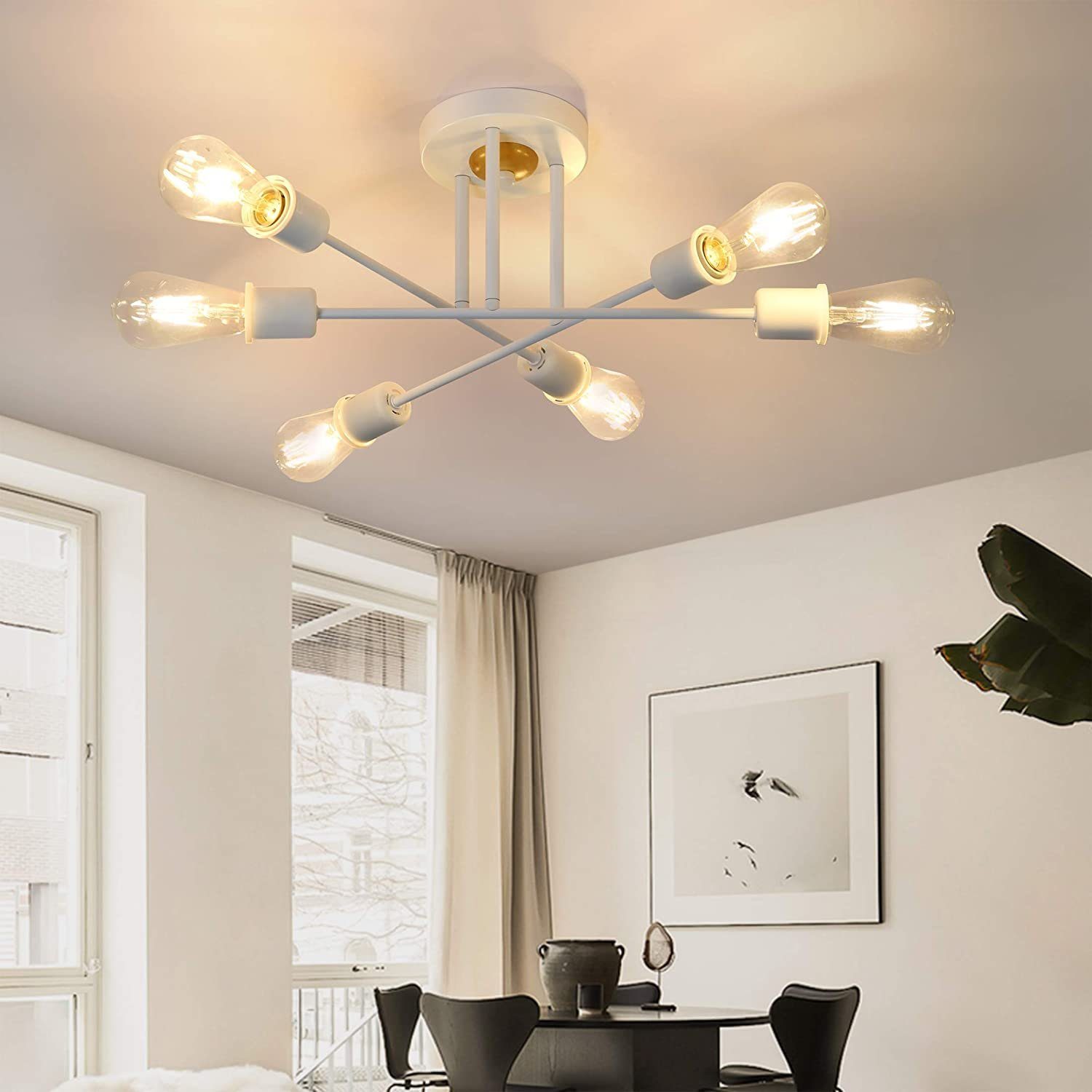 ZMH Deckenleuchte E27, LED Wohnzimmer wechselbar, Vintage Flammig Deckenlampe Weiß 6 Warmweiß