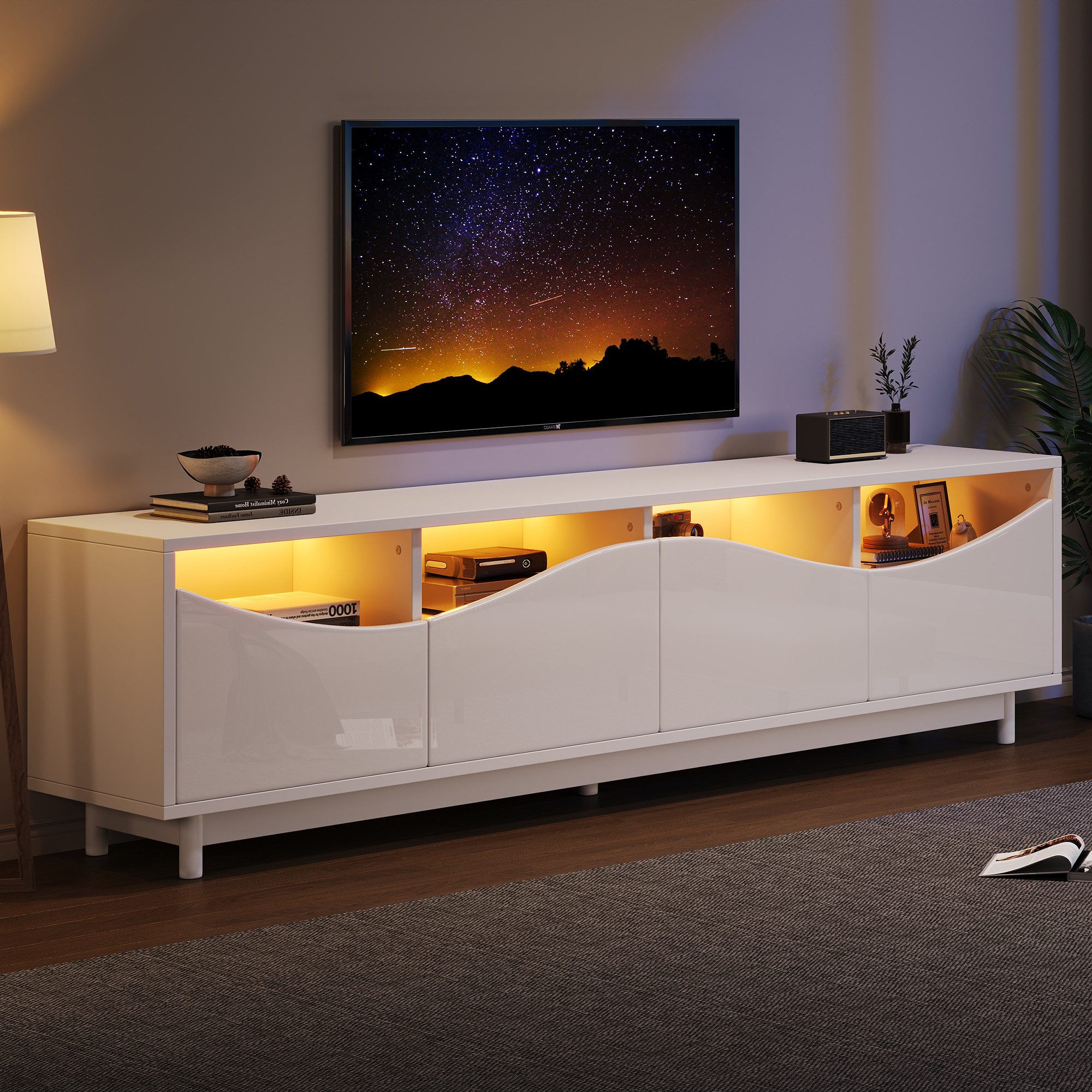 STILVORA Lowboard in geschwungenem Design,TV-Glasschrank Fernsehschrank mit LED-Licht (Fernsehtisch,TV-Board,TV-Ständer, Wohnzimmermöbel, 1 St., 4 Türen), hochglänzend, mit Schranktür aus gehärtetem Glas+MDF, LED-Beleuchtung