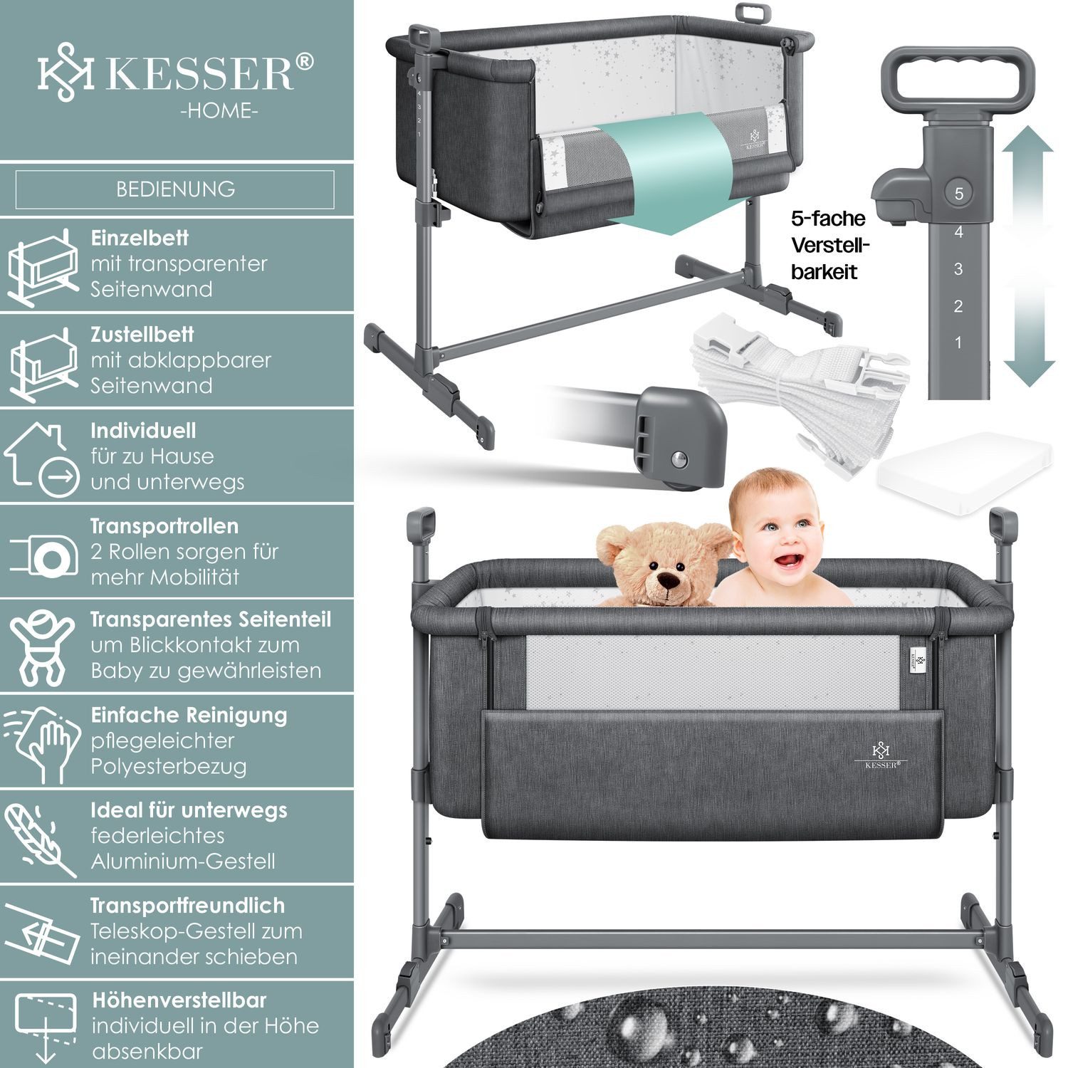 KESSER Kinderbett, Zustellbett Hubi 3in1 Baby Beistellbett Reisebett Babybe günstig online kaufen