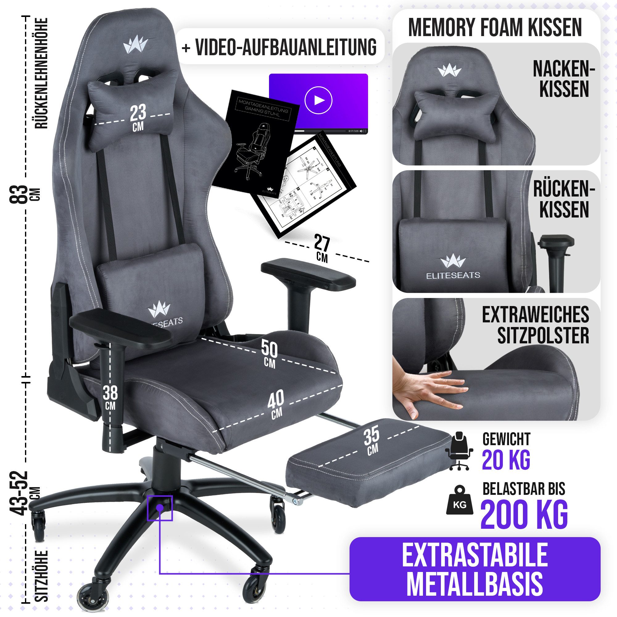 ELITESEATS Gaming-Stuhl Ergonomisch [TESTSIEGER] Kratzerfreie Rollen Atmung günstig online kaufen