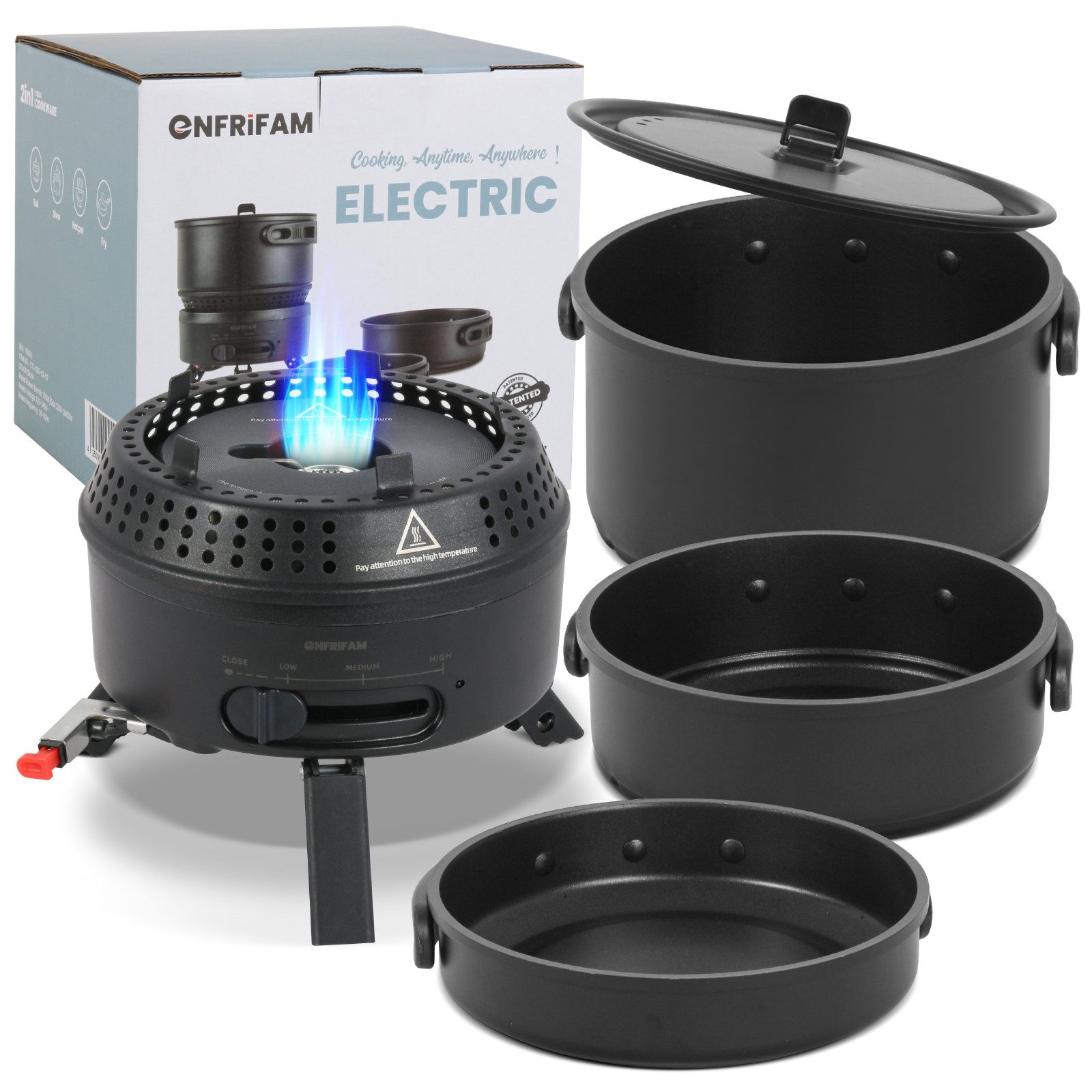 Gaskocher Campingkocher Set mit Topf und Pfannen, 2 in1 Elektro & Gaskocher
