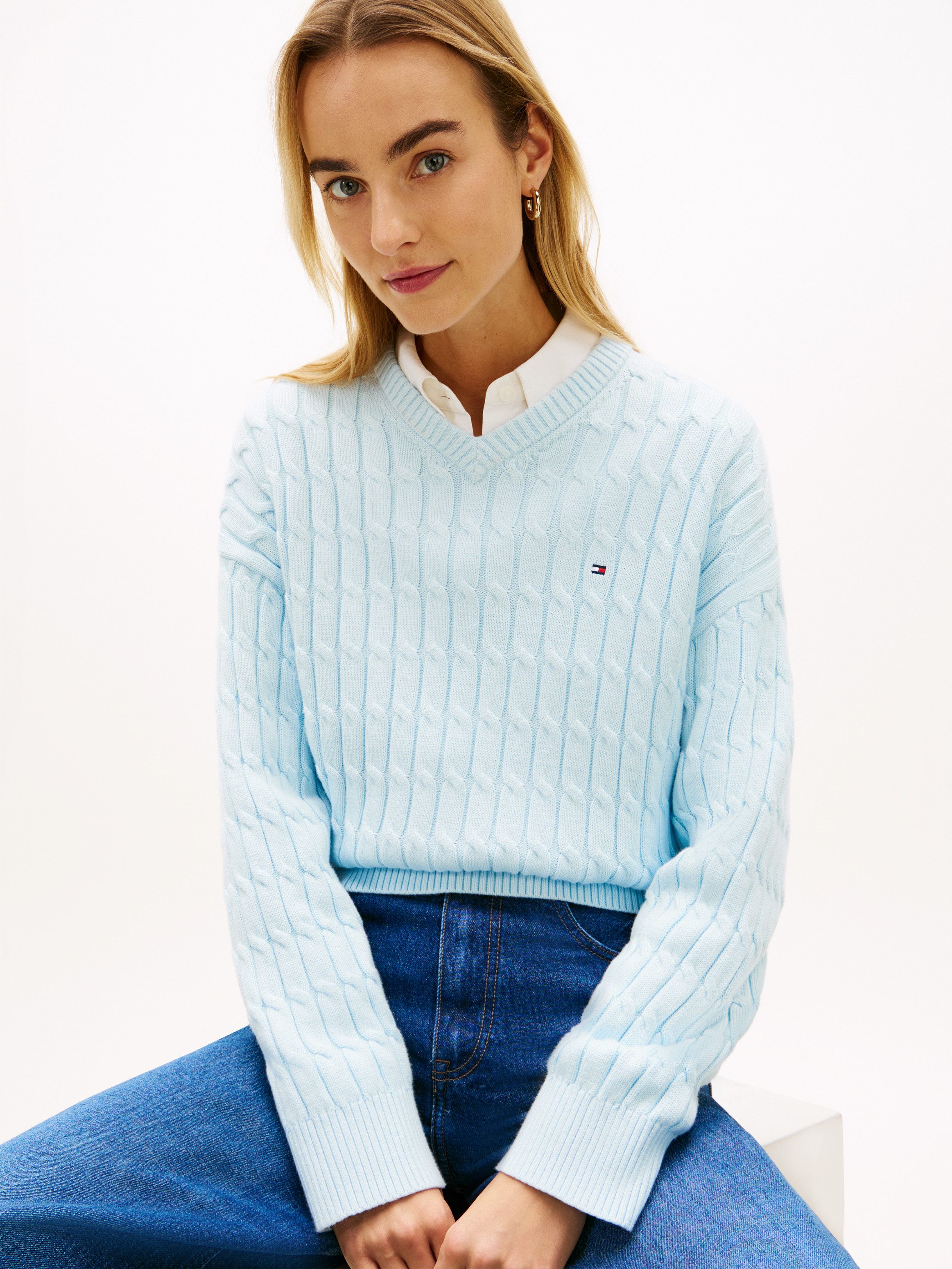 Tommy Hilfiger Strickpullover CO CABLE MID GG RLX LS V-NK SWT mit Zopfmuste günstig online kaufen