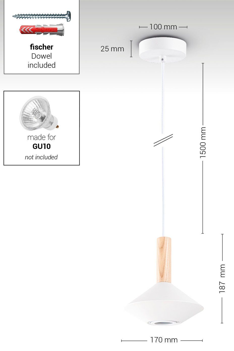 GU10 MORA, Modern ohne Home Leuchtmittel, Holz Pendelleuchte Trichterform Metall Wohnzimmer Paco Esszimmer