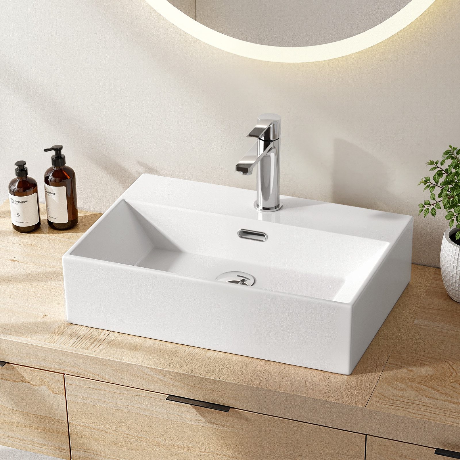 EMKE Aufsatzwaschbecken Keramik Waschtisch Eckiger Hängewaschbecken für Badezimmer/Gäste-WC (Packung, Mit Hahnloch), Spritzwassergeschützt,pflegeleicht, mit Nano Beschichtung( 60cm)