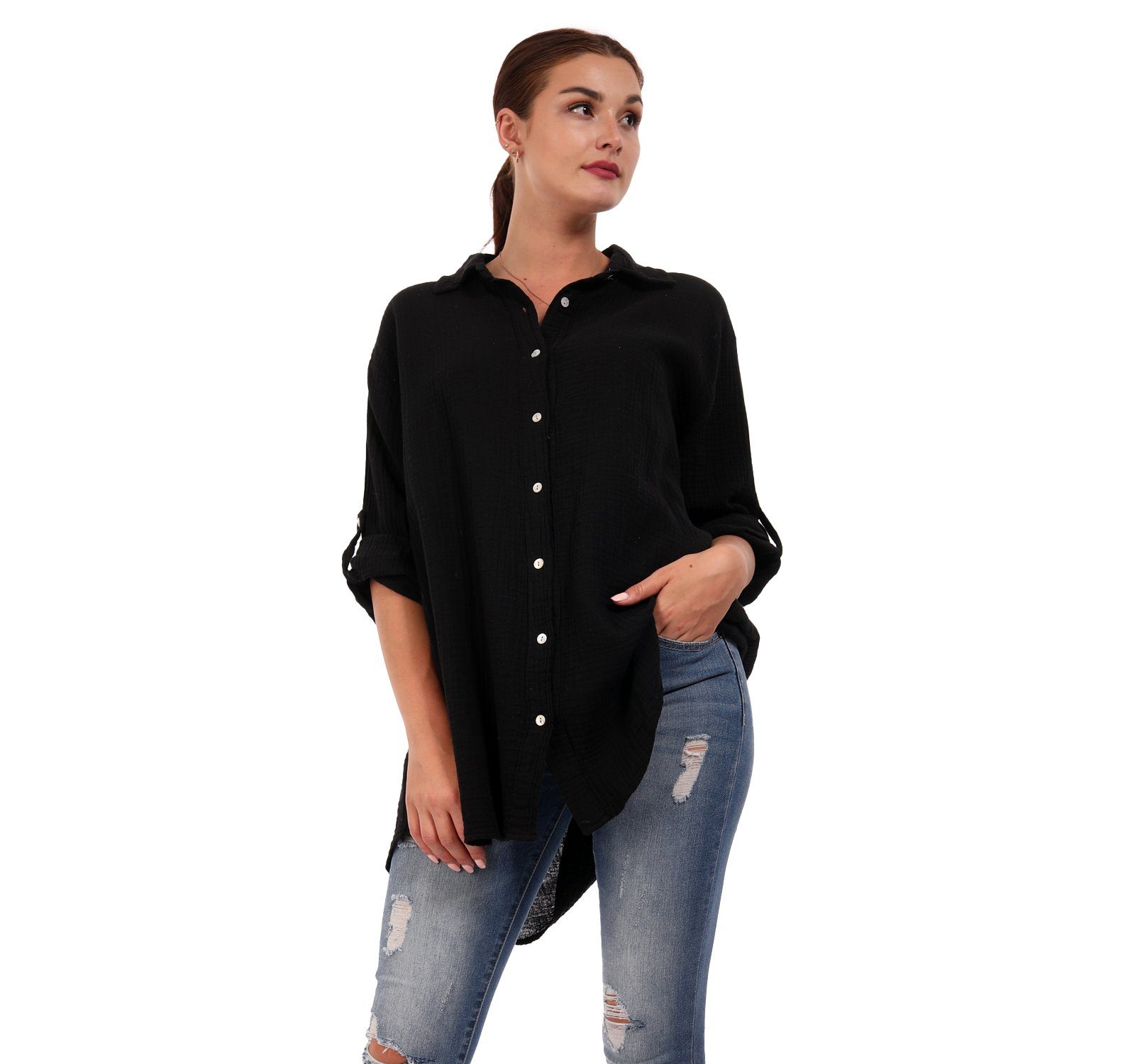 YC Fashion & Style Hemdbluse Bluse Oversized Long bluse Herrlich weicher Musselin One Size (1-tlg) Uni, Langarm, Casual schwarz