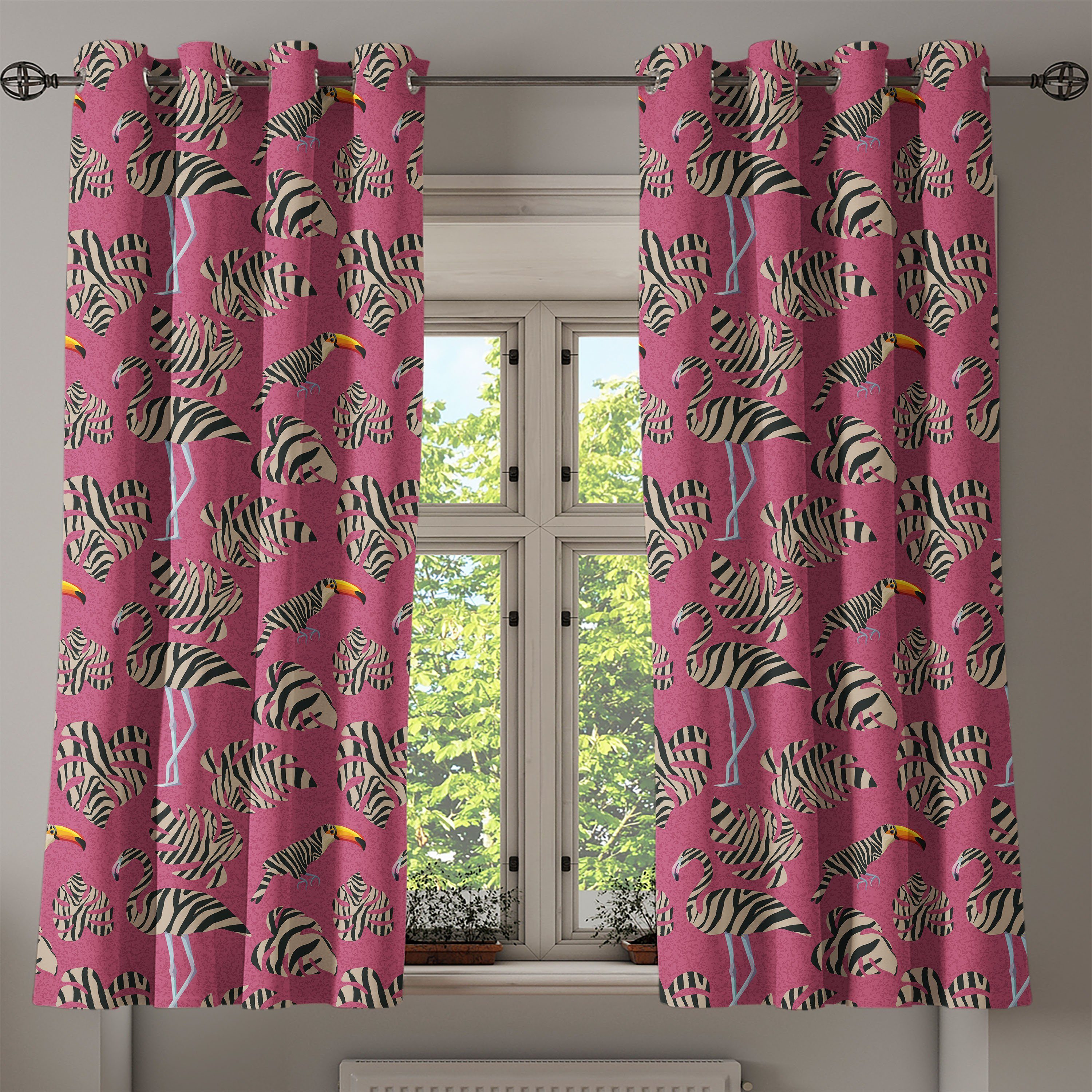 Gardine Dekorative 2-Panel-Fenstervorhänge für Schlafzimmer rosa Vogel Wohnzimmer, Toucan Flamingo Zebra Abakuhaus