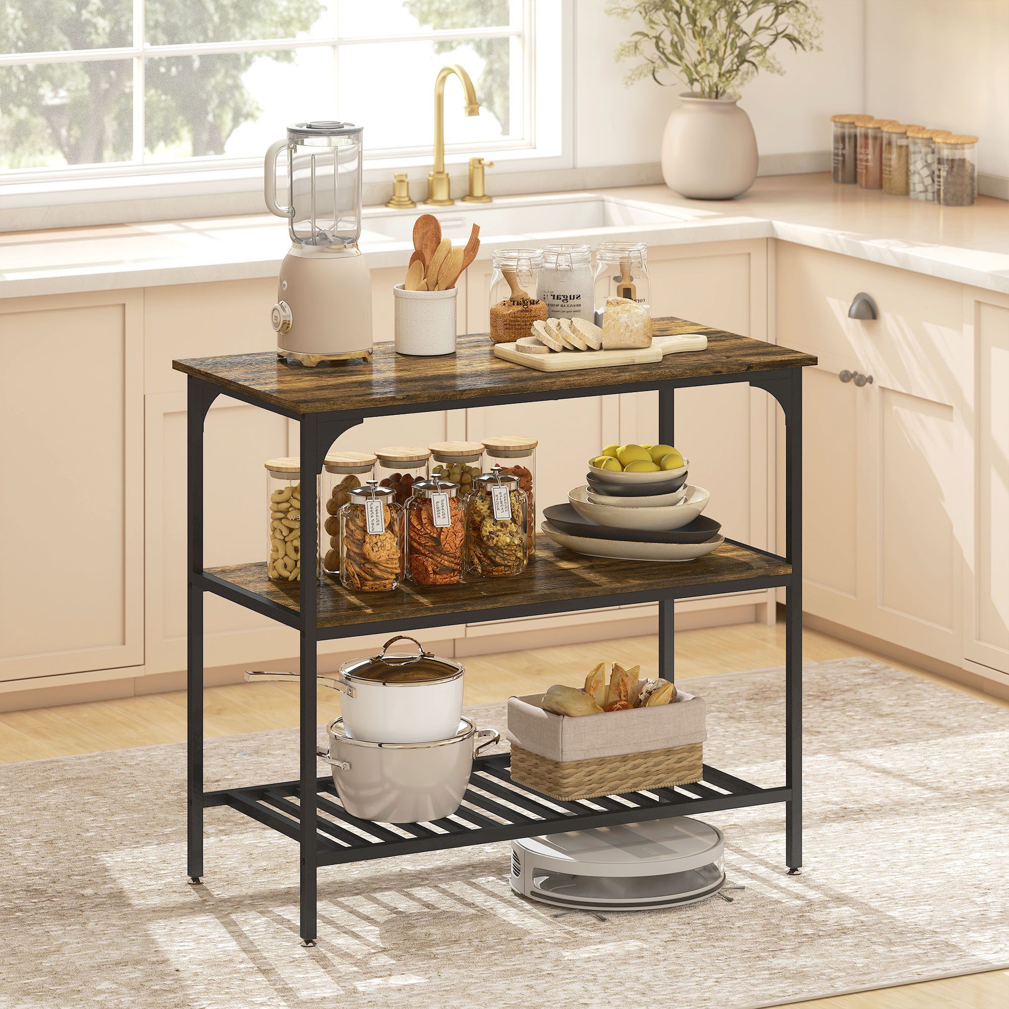 HOMCOM Küchenregal Bäckerregal mit großer Arbeitsplatte und Stahlrahmen, Schwarz, 3-stufiges Standregal 1-tlg., für Esszimmer, Küche, Wohnzimmer, 100 x 50 x 90 cm, Rustikal-Braun