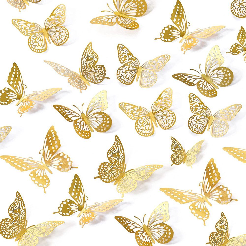 Wandaufkleber,4 3D-Wandtattoo Größe Schmetterling Stück Arten Gold 3 3D NUODWELL Deko Aufkleber 48