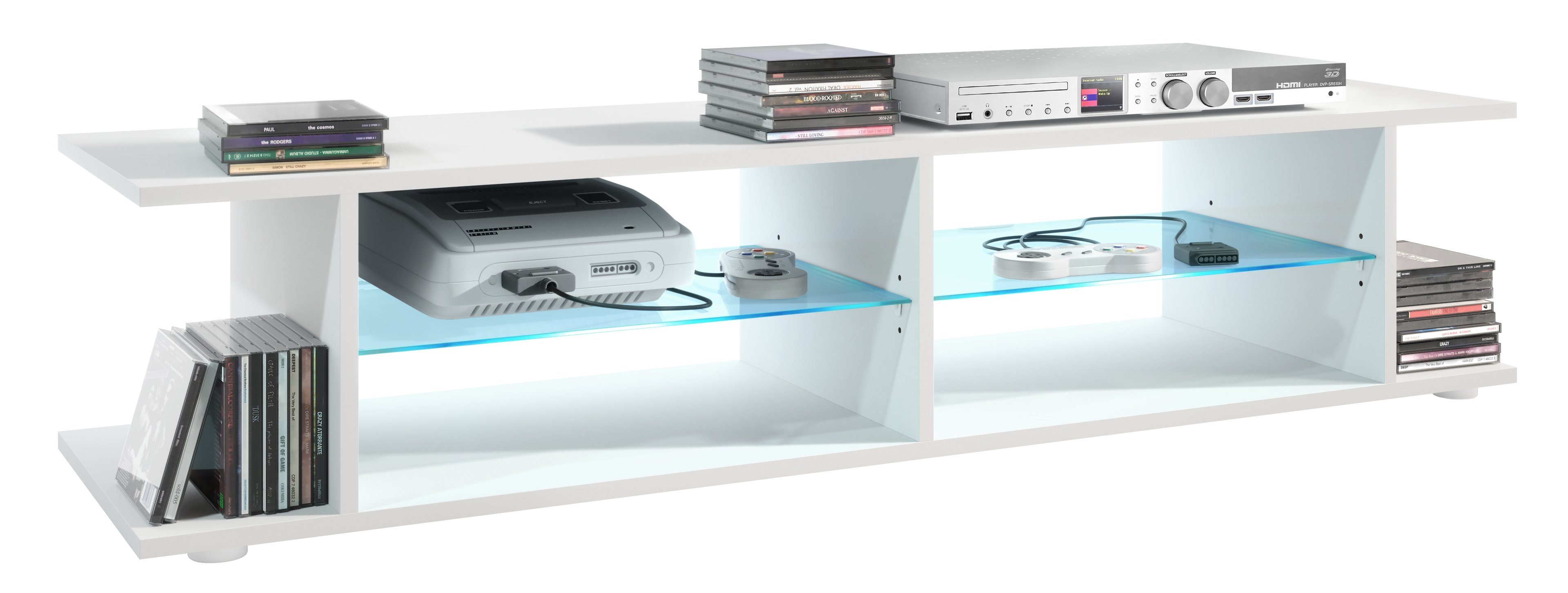 Vladon Lowboard Movie V3 (Lowboard + Tv-Aufsatz, mit insgesamt 8 Fächern inkl. LED-Beleuchtung), Weiß matt (139 x 39 x 37,5 cm)