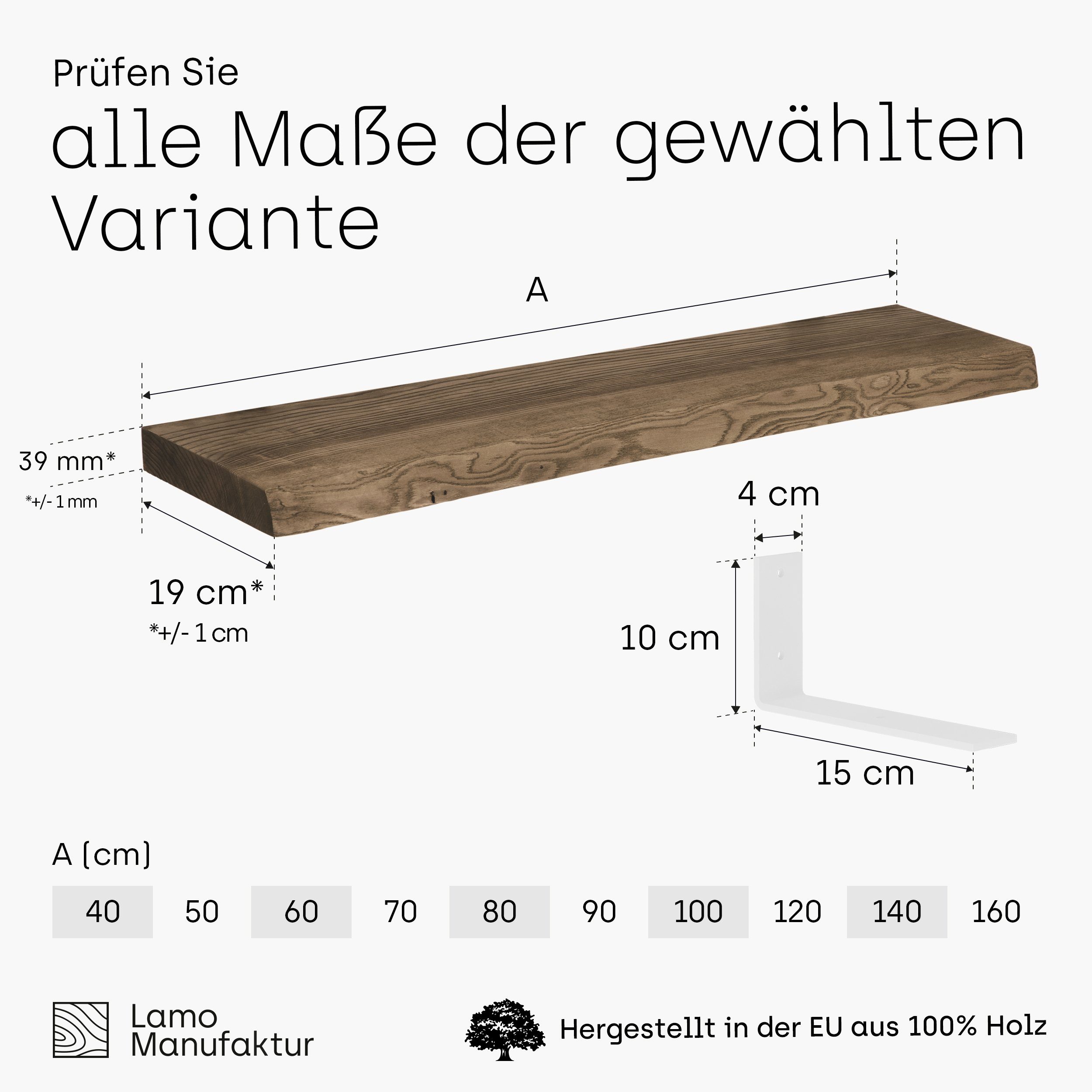 Manufaktur stake Wandregal LAMO Komplett-Set, 40mm Basic, Massivholzplatte Nussbaum