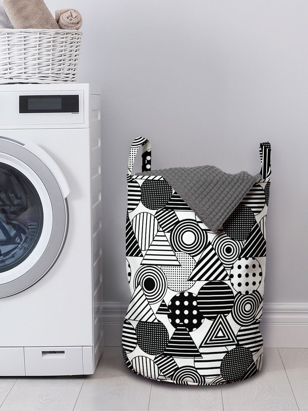 Triangles Wäschesäckchen Wäschekorb Griffen mit Tupfen Geometrisch für Waschsalons, Kordelzugverschluss Abakuhaus Kunst