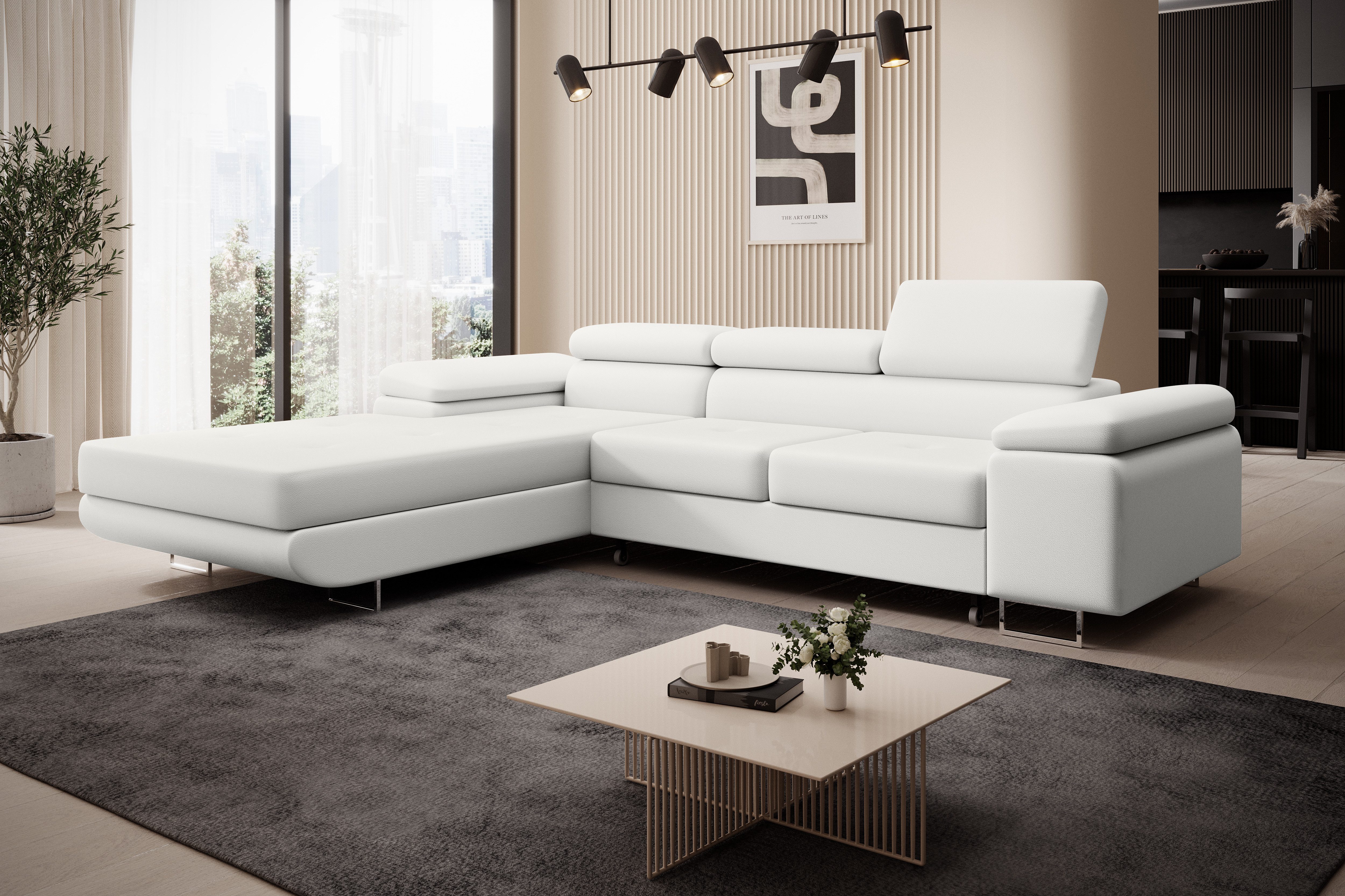 thematys Ecksofa ALVARO 250 x 183cm mit Schlaffunktion & Bettkasten –, L-Sofa mit 4 verstellbaren Kopfstützen, Strukturstoff (Inari), Cord (Poso), Leder (Soft), Leder (Soft)/Velours (Sawana) - L-Form, Wohnlandschaft, 250 cm breit