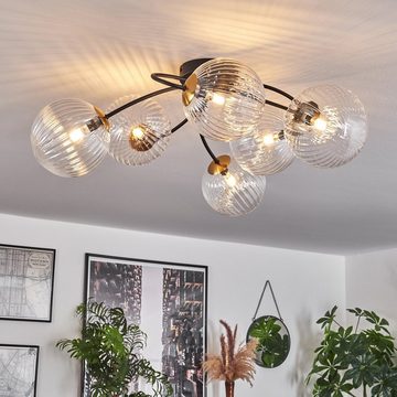 hofstein Deckenleuchte Deckenlampe aus Metall/Glas in Schwarz/Goldfarben/Klar in Riffel-Optik, ohne Leuchtmittel, Leuchte im Retro-Design aus Glas, 6 x G9 LED, ohne Leuchtmittel