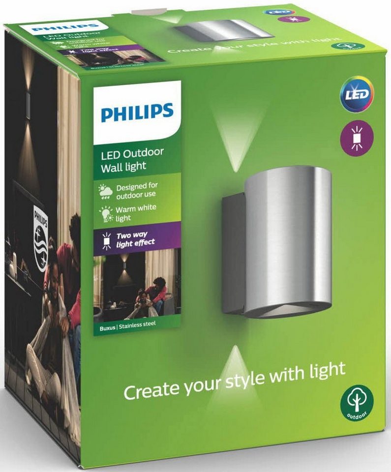 Philips Wandleuchte Buxus, LED fest integriert, Warmweiß, LED Wandleuchte  1000lm Edelstahl