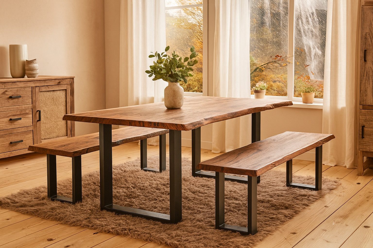 SAM® Essgruppe Lennart, Akazienholz, nussbaumfarben, Baumkante, Metallgestell und 2 Bänken