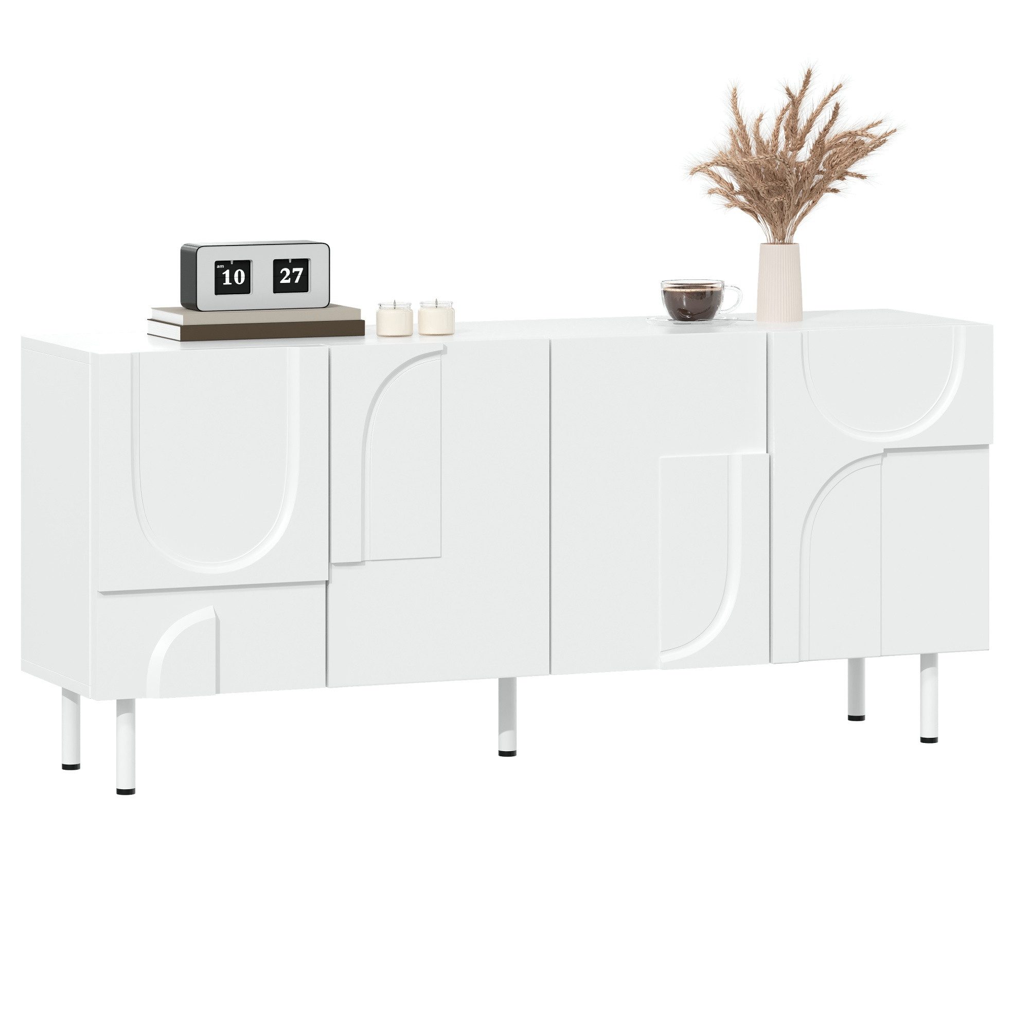 Yorbay Sideboard Weiß 160 cm Beistellschrank mit 4 Türen Buffetschrank, Geometrischer Designer für Esszimmer, Wohnzimmer, Schlafzimmer, Flur