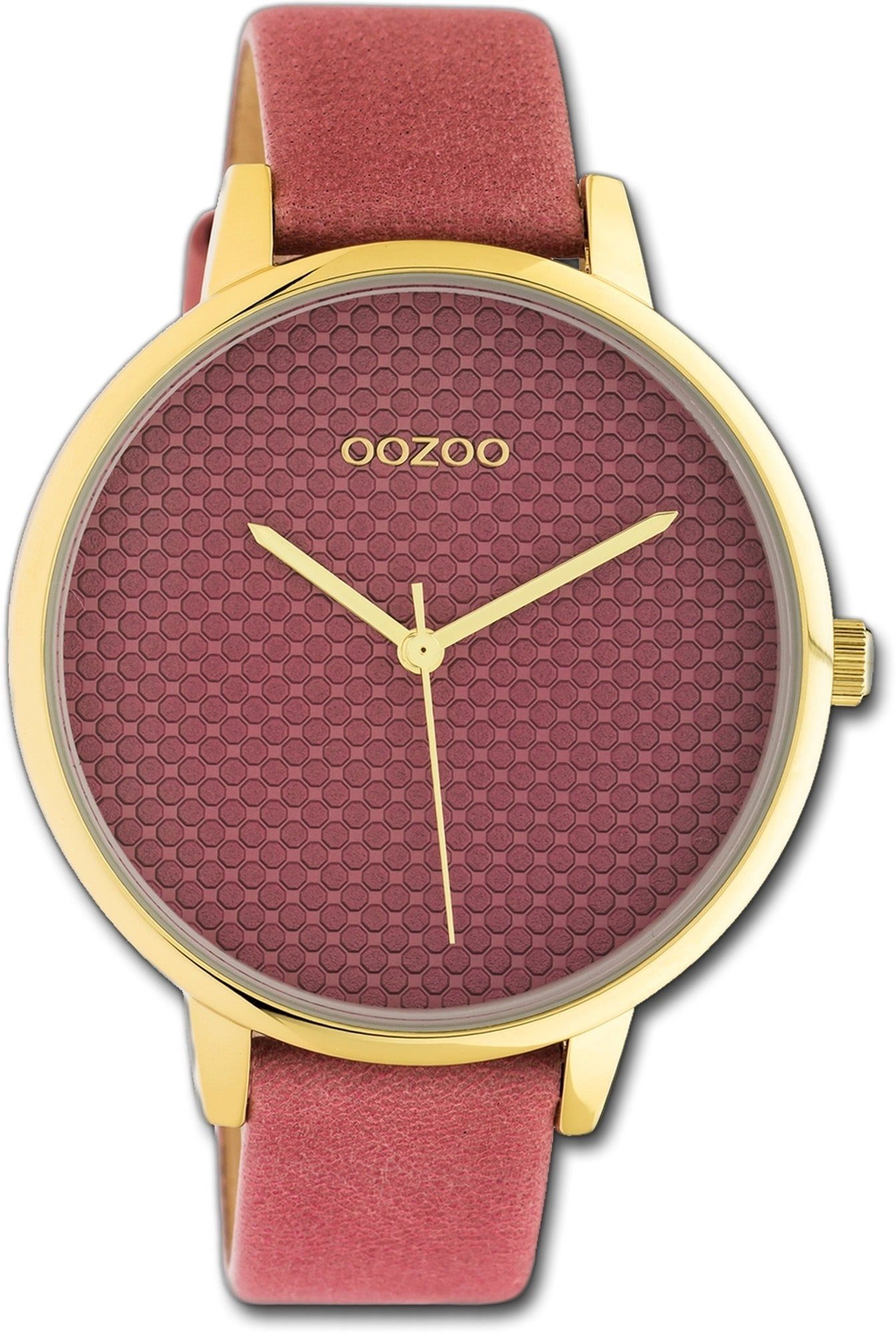 OOZOO Quarzuhr Oozoo Leder Damen Uhr C10591 Analog, Damenuhr Lederarmband rosa, rundes Gehäuse, groß (ca. 42mm)
