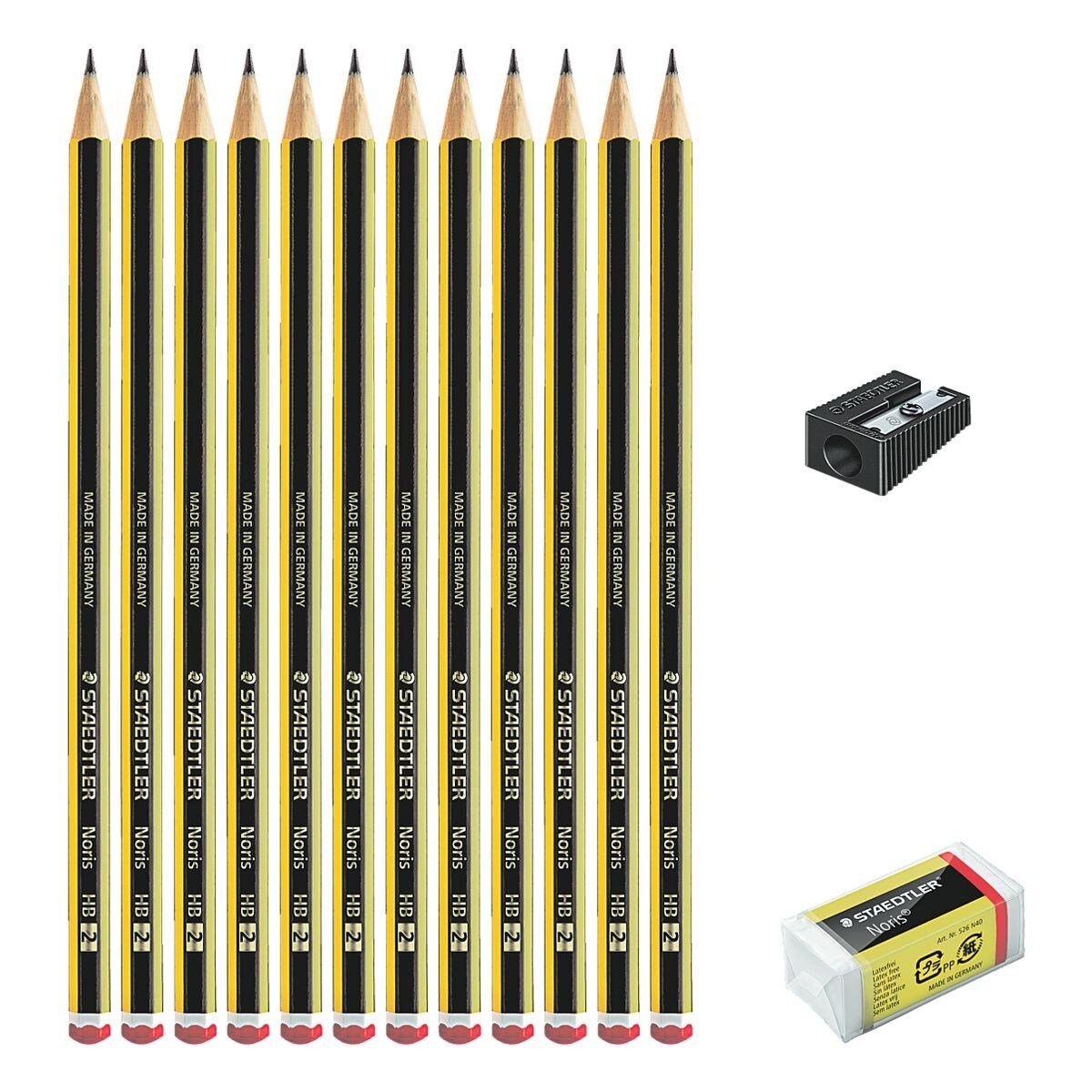 STAEDTLER Bleistift Noris 120, (14-tlg), inkl. Radierer und Spitzer, HB  (mittelweich), Sechskant, 12 hochwertige Bleistifte inkl. Radiergummi und  Spitzer