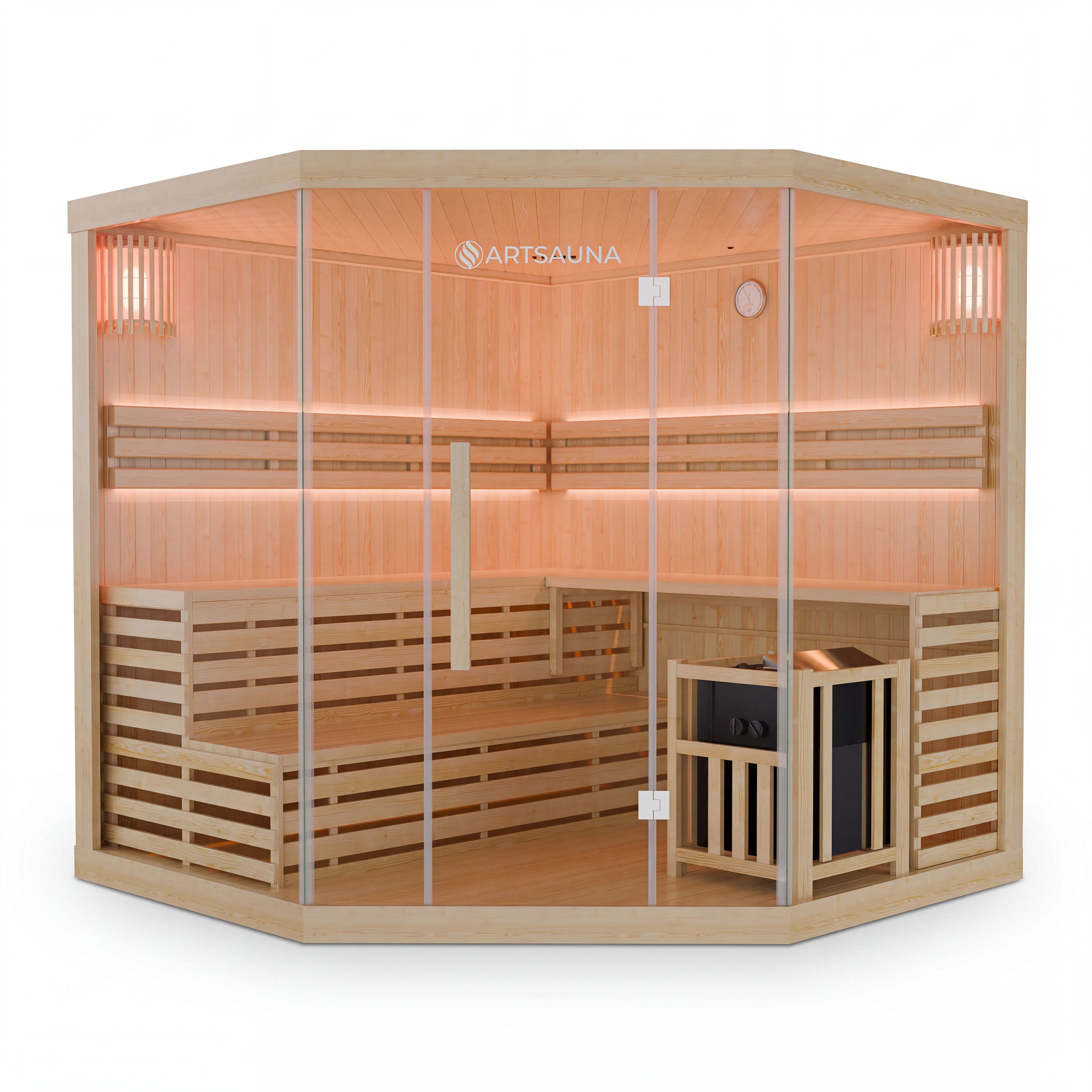 Artsauna Sauna Espoo200 Premium, 50 mm, für 5 Personen, Hemlock Holz, Saunaofen, Sanduhr, Thermo-Hygrometer