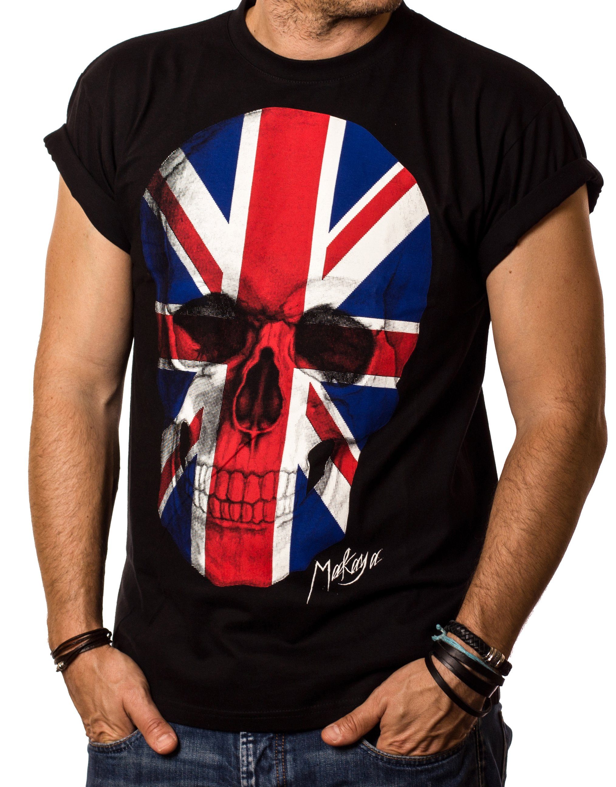 MAKAYA Print-Shirt Union Jack Flagge UK Fahne England Totenkopf Skull TShirt Herren mit Druck, aus Baumwolle