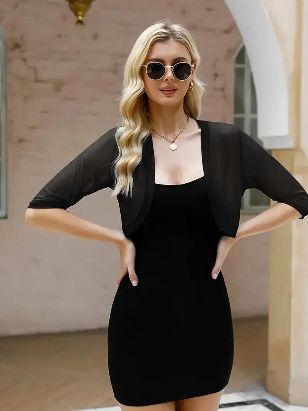 Zaewry Bolero Damen-Bolero aus Chiffon,Kurz Strickjacke Damen Offene 3/4 Ärmel Damen-Schaljacke / Cardigan — Leicht, kurzer Schnitt