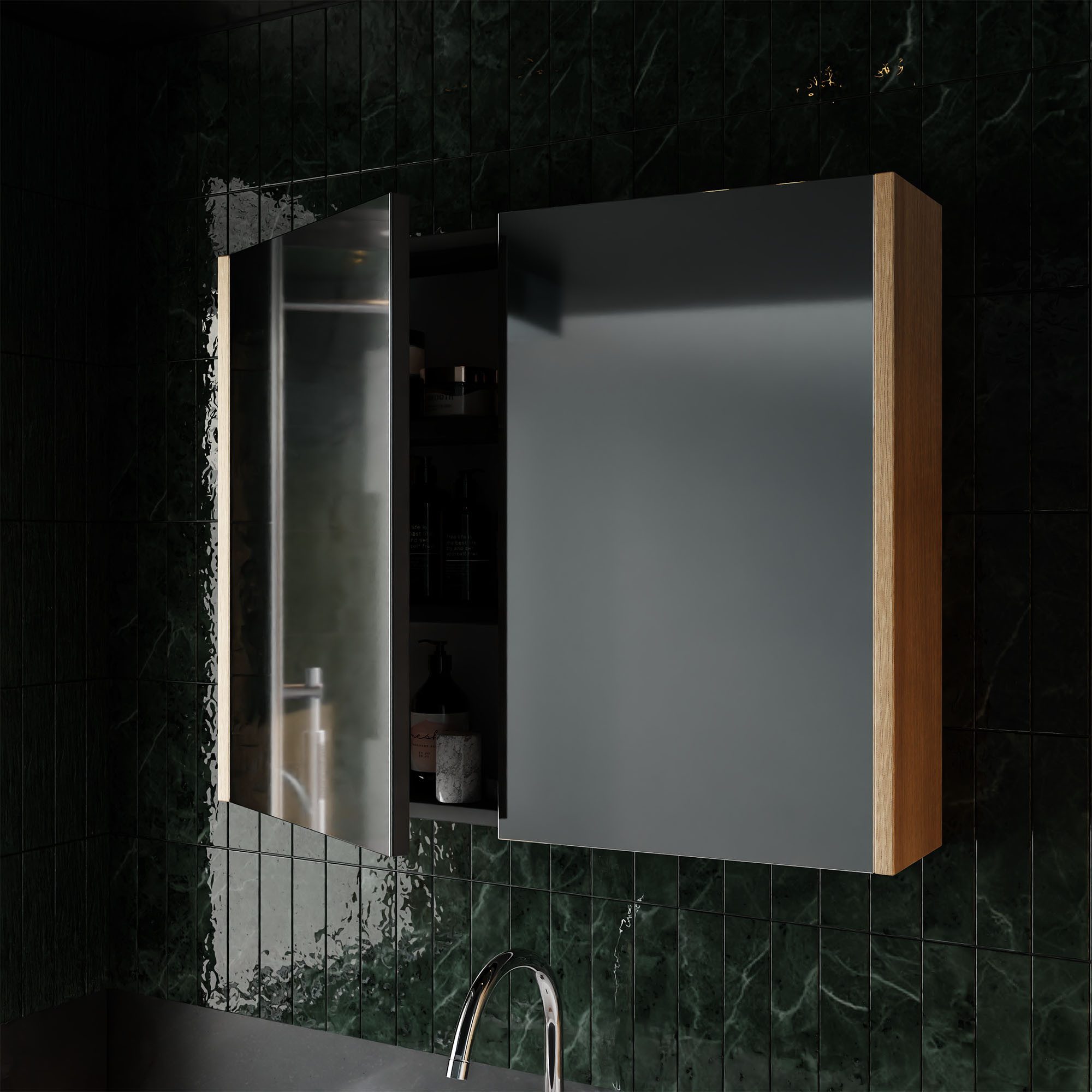 Karen Bathroom Furniture Set Dallas 4-Piece Complete Set (4-piece complete set with vanity unit, mirrored cabinet, sink & tall cabinet, 4 pieces, sink, vanity unit, cabinet with mirror, tall cabinet), Natural design, tall cabinet included, Soft-close, Space-saving