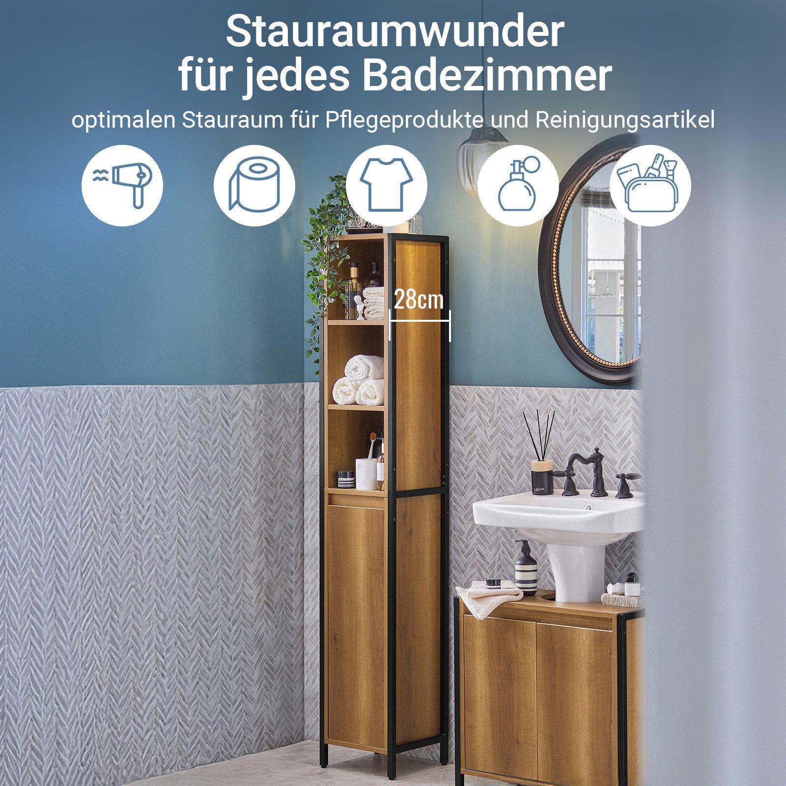 SoBuy Hochschrank BZR62, Badkommode Badezimmerschrank Beistellschrank Badezimmermöbel Badregal Badschrank Badmöbel mit 3 offenem Fächern und 1 Tür – Bild 4 von 5