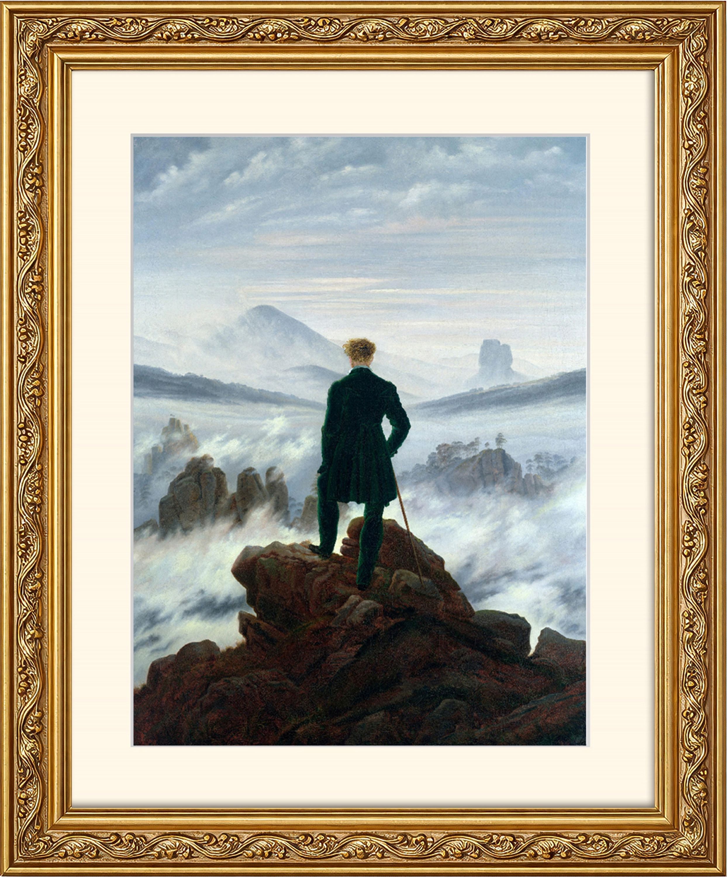 artissimo Bild mit Rahmen Wandbild gerahmt 53x63 cm Kunstdruck mit Passepartout & Barock-Rahmen, Caspar David Friedrich: Wanderer - Above the Sea
