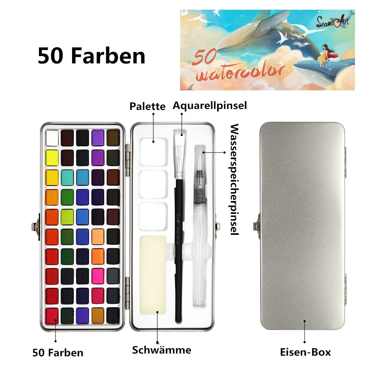 XDeer Lackmarker Aquarellfarben Set - Aquarell Malkasten Inklusive 50/72/90 Farbe, Watercolor Set,mit Pinsel,Wasserfarben Malen für Anfänger