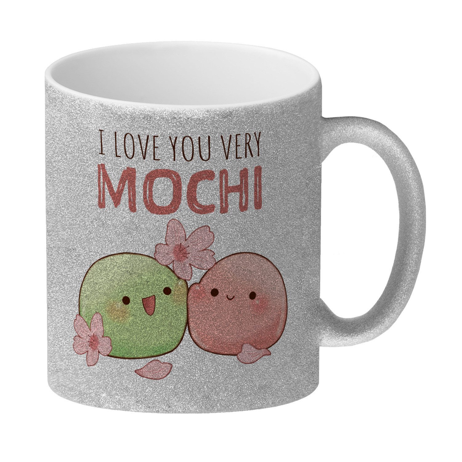 Tasse Mochi Paar Glitzer-Kaffeebecher mit Spruch I love you very Mochi