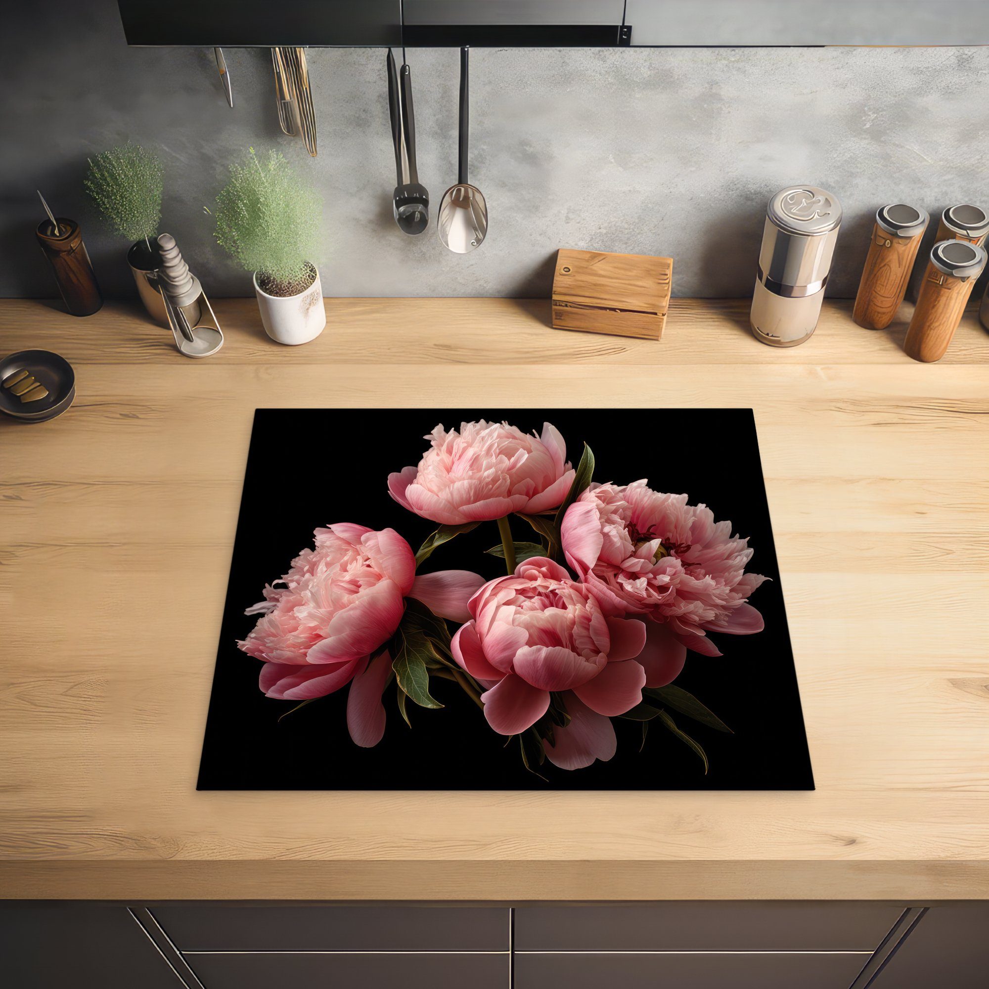 MuchoWow Herdblende-/Abdeckplatte Blumen Pfingstrose Ceranfeldabdeckung Arbeitsfläche cm, 60x52 Mobile (1 - - Vinyl, Natur, - nutzbar, tlg), - Rosa Botanisch