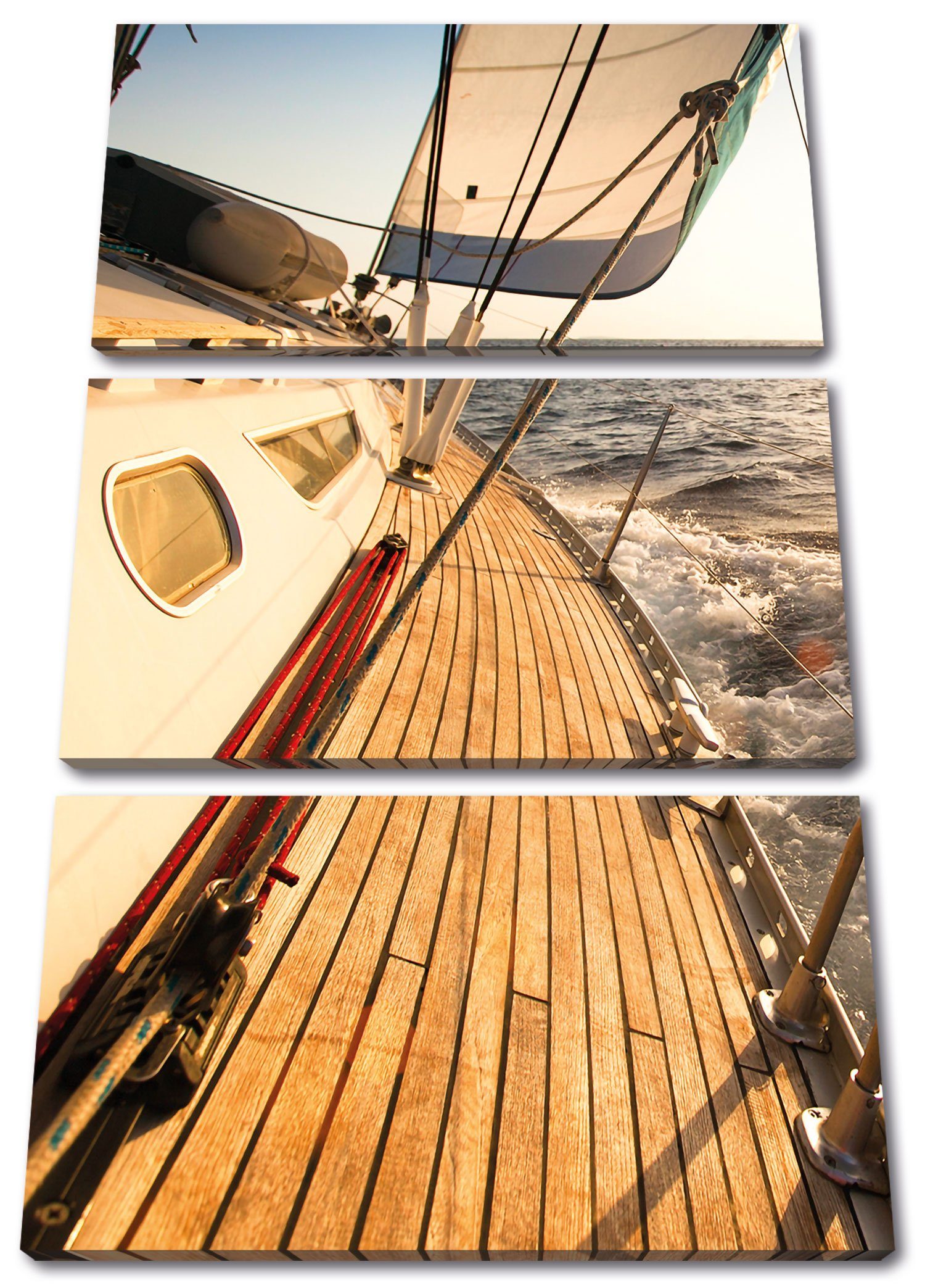 Pixxprint Leinwandbild Segelboot im Meer, Segelboot im Meer 3Teiler (120x80cm) (1 St), Leinwandbild fertig bespannt, inkl. Zackenaufhänger