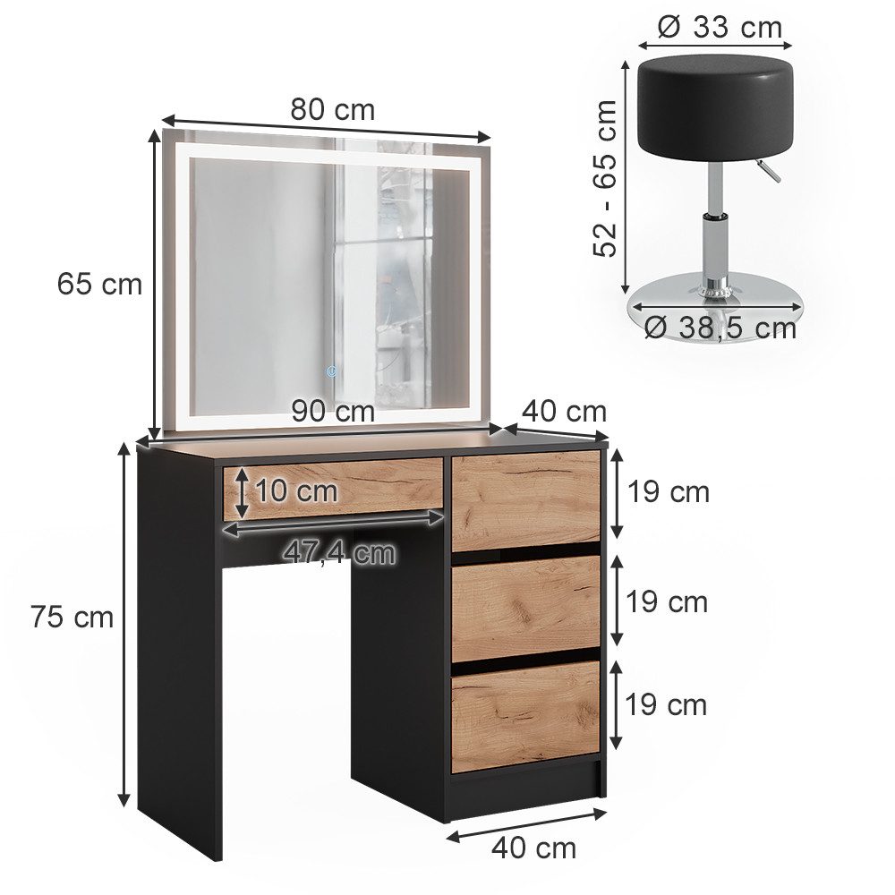 Vicco Schminktisch Sherry, Anthrazit/Goldkraft Eiche, 90 x 75 cm mit LED-Spiegel und H... (3-St)