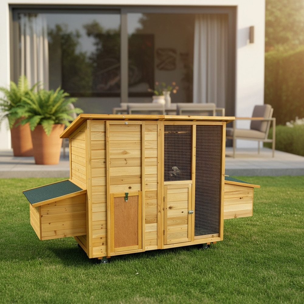 Melko Hühnerstall Hühnerhaus Kaninchenkäfig Hasenstall Braun 214 CM Überdachung, Wetterfest