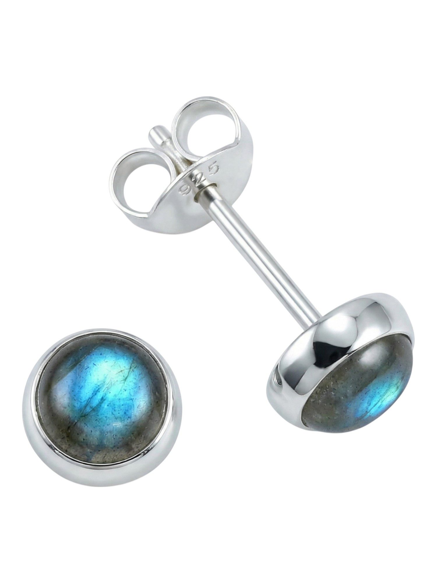 mantraroma Paar Ohrstecker SAMA rund klein aus 925 Silber mit Labradorit (Paar, Paar Ohrringe mit Schmuckbeutel), 925 Sterling Silber Ohrringe für Damen