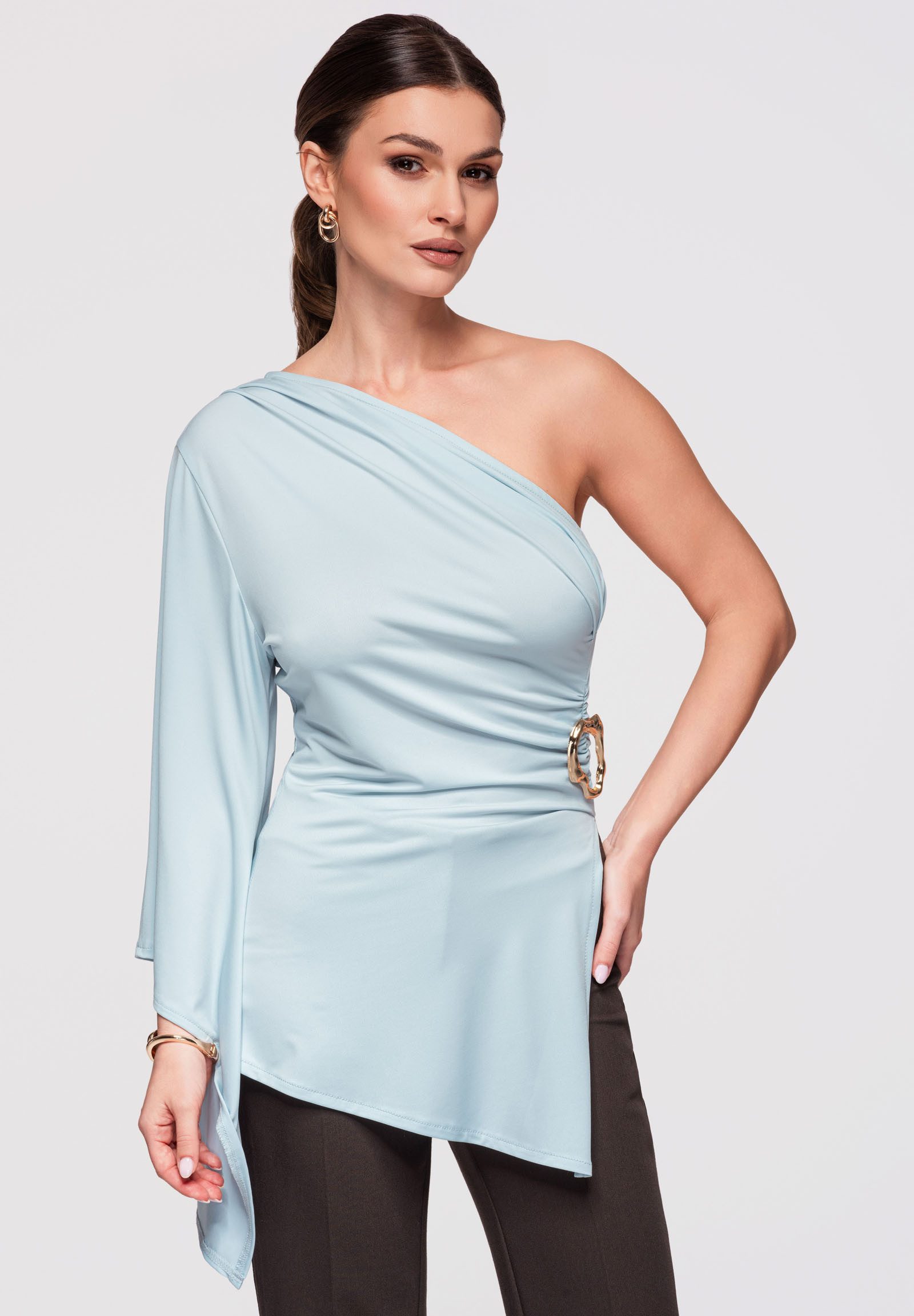 OMBRE Hemdbluse Damen Tunika Asymmetrisch Elegant Blau S (kein Set, 1-tlg) Asymmetrisches Design, Drapierung