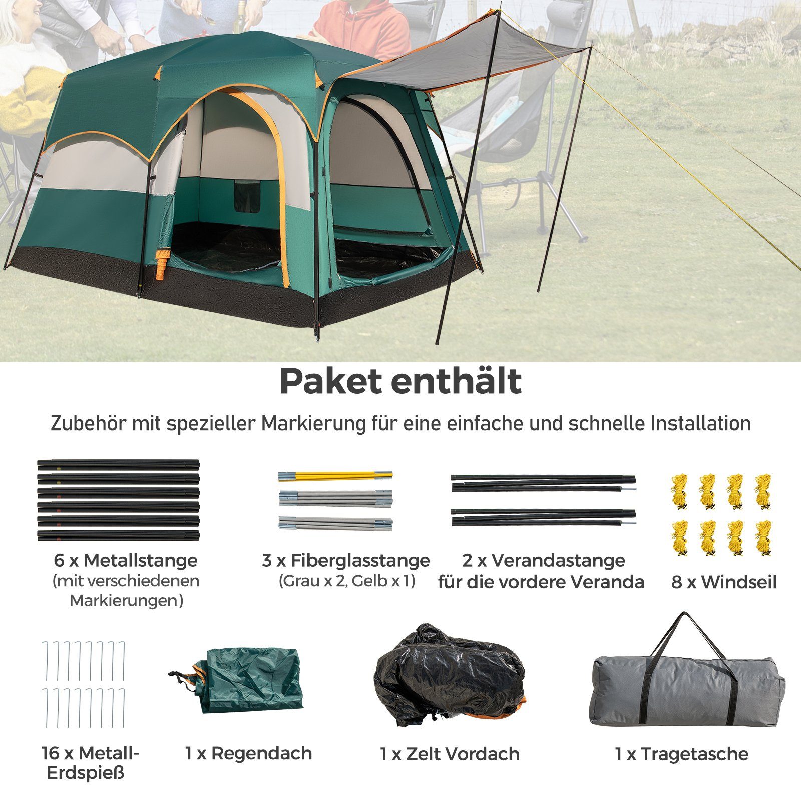 COSTWAY Kuppelzelt, Personen: 6, Camping Zelt, 323 x 211 x 189 cm