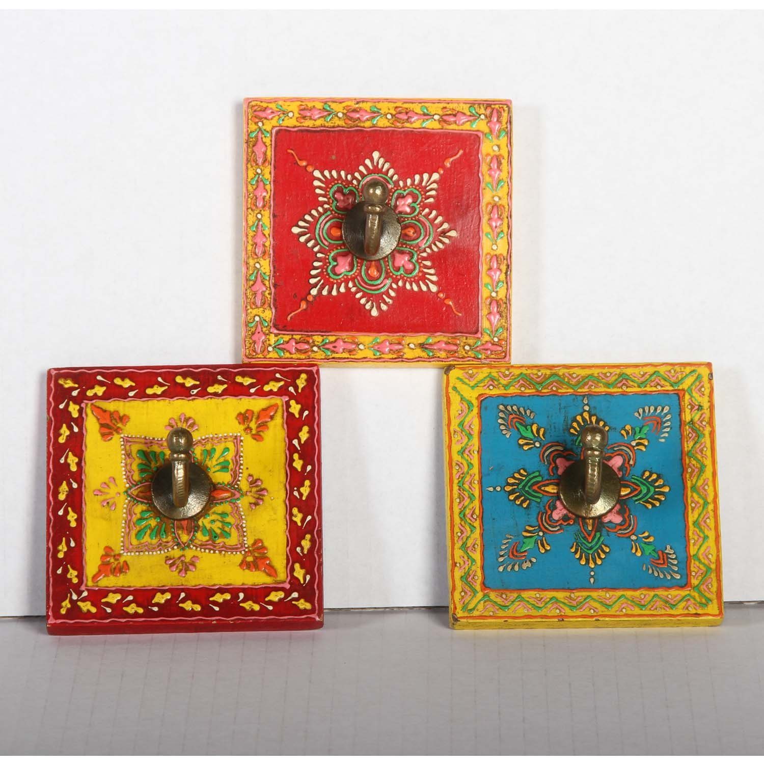 Kleiderhaken »Orientalische Kleiderhaken 3er Set 10x10 cm aus Holz handgeschnitzt und handbemalte bunte Wandhaken