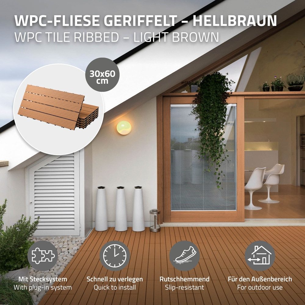 ECD Germany Terrassendielen WPC Bodenplatte Terrassenfliesen Fliesen mit Drainage und Klicksystem, BxL: je 30x60 cm, 22 mm Stärke, Bodenbelag 1m²/6 Stück Hellbraun rutschfest Balkonfliesen