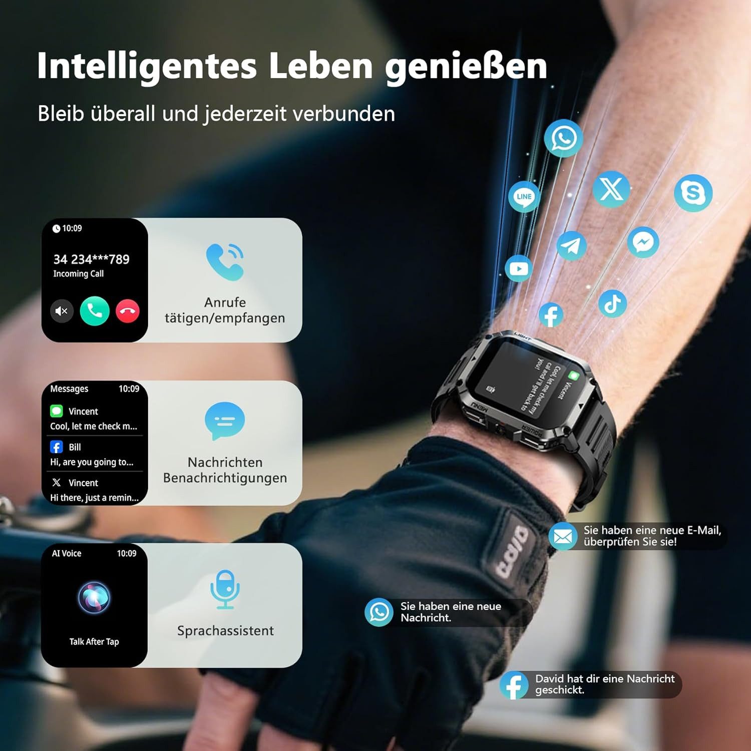 blackview Smartwatch herren mit 2,01" HD-Touchscreen, 900mAh Akku & 2 Armbändern Smartwatch (5.1 cm/2.01 Zoll, iOS/Android) Set, 1-tlg., mit Wechselband aus weichem Silikon und Ladekabel, Anrufe tätigen&empfangen,20 TageAkku,LED-Taschenlampe,Kompass,SOS,IP68