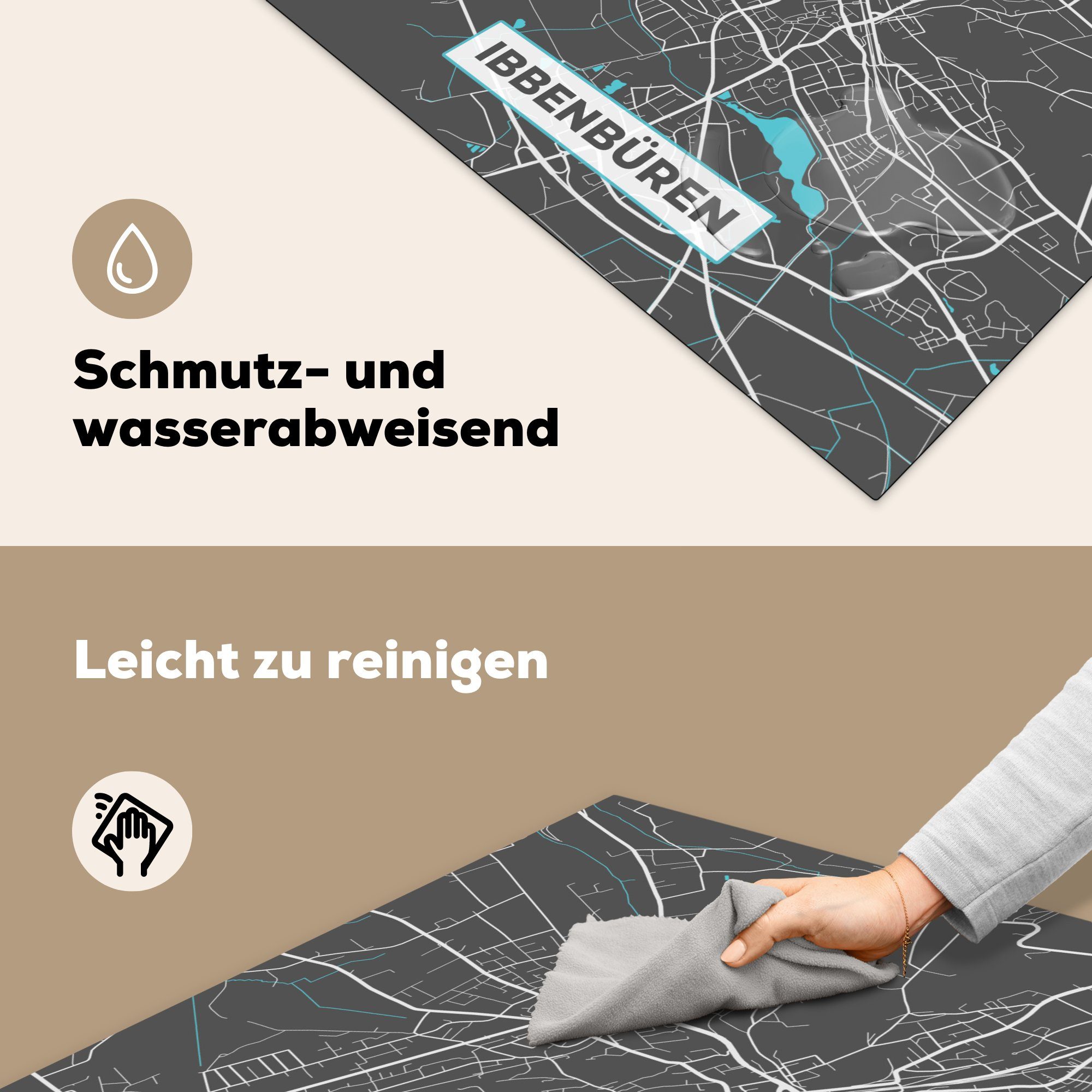 - Karte, küche 78x78 Vinyl, MuchoWow Ceranfeldabdeckung, Blau - Karte tlg), Stadtplan cm, Deutschland Ibbenbüren für - (1 - Herdblende-/Abdeckplatte Arbeitsplatte -