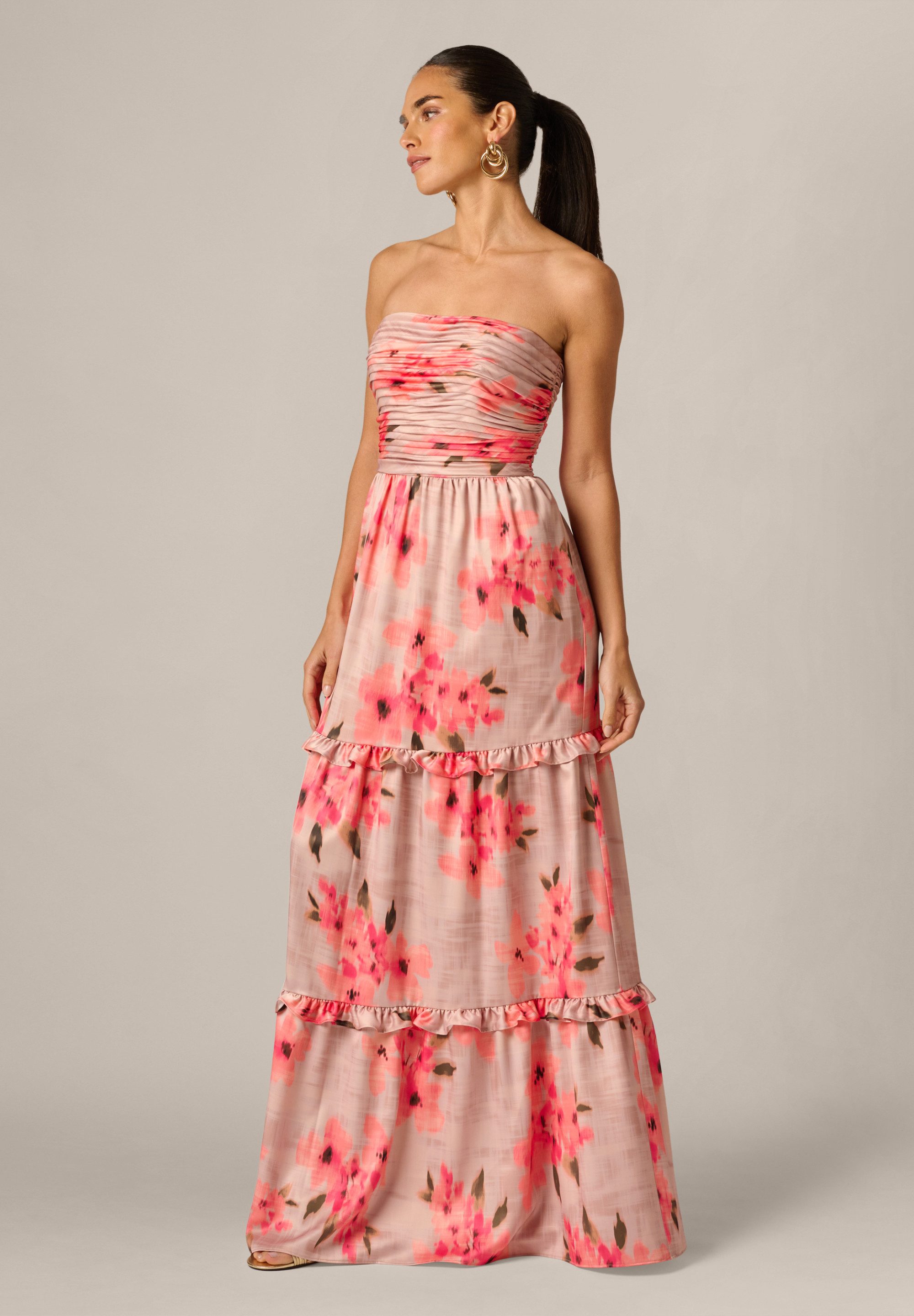 Adrianna Papell Abendkleid Printed Satin Long Dress Weiches und romantisches, bedrucktes trägerloses Kleid