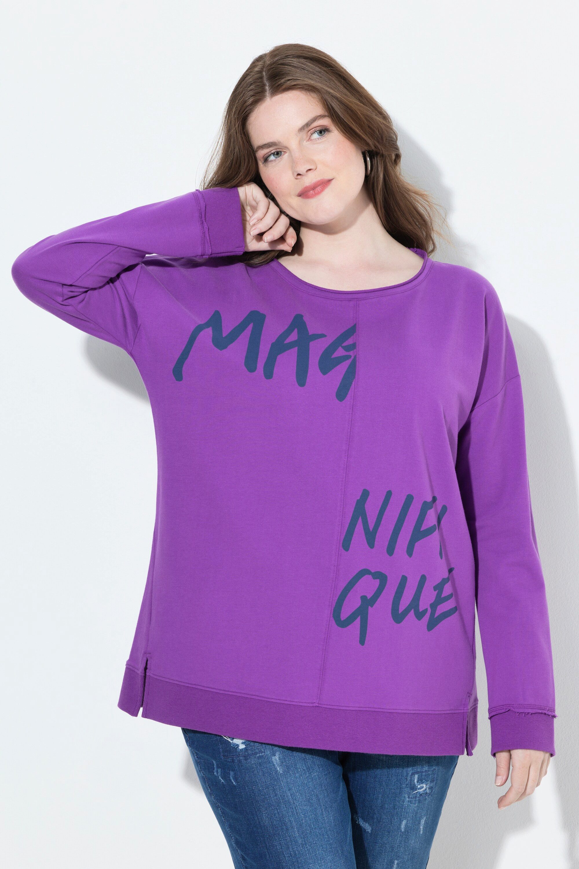 Ulla Popken Sweatshirt Sweatshirt Schriftmotiv Oversized Rundhals Langarm günstig online kaufen