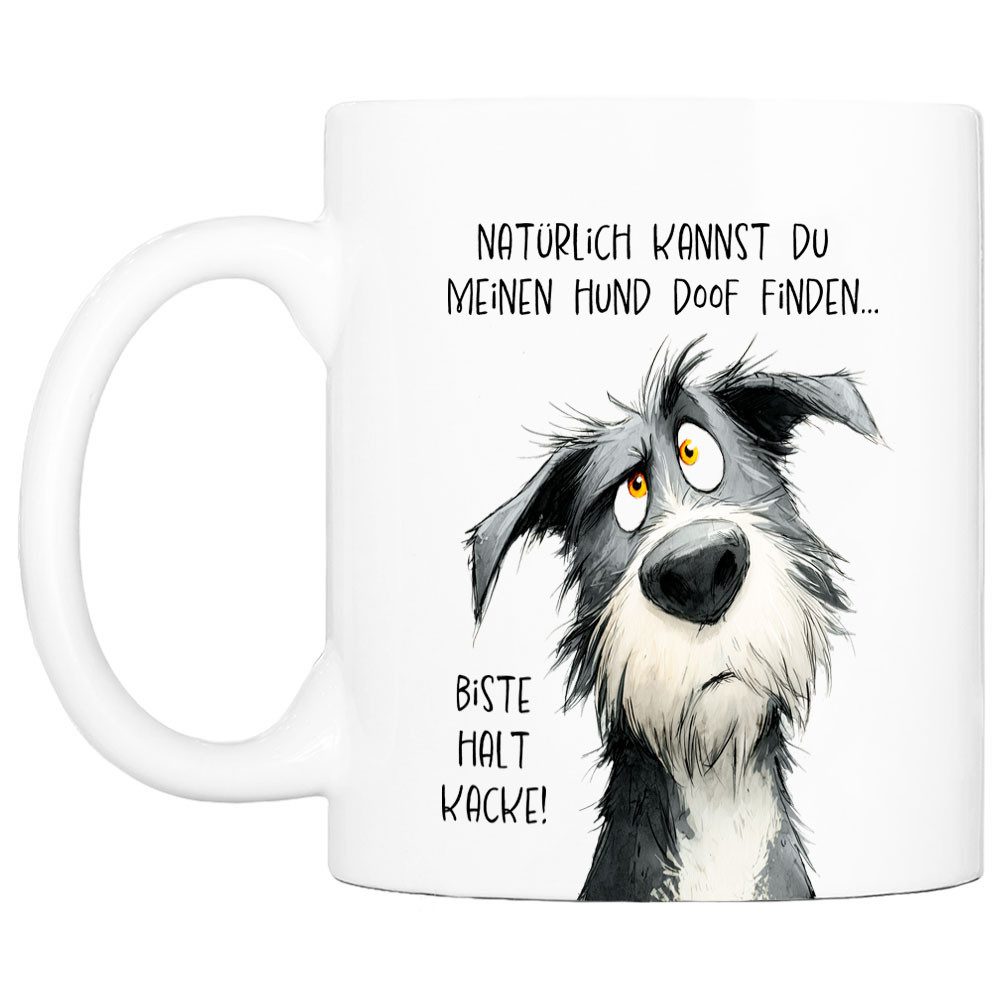 Cadouri Tasse 'Doof finden' Kaffeetasse mit Spruch - Geschenk für Hundefreunde, Keramik, mit Hundespruch, beidseitig bedruckt, handgefertigt, Geschenk, 330 ml